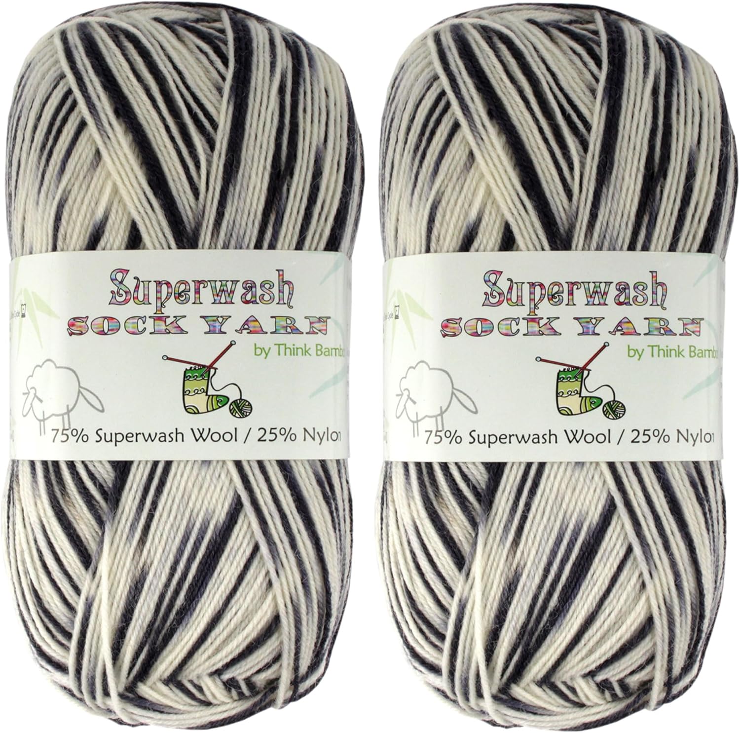 JubileeYarn Superwash Sock Yarn - Wool Fingering Baby Weight - Eggshells and Charcoal - 2x100g Skeins