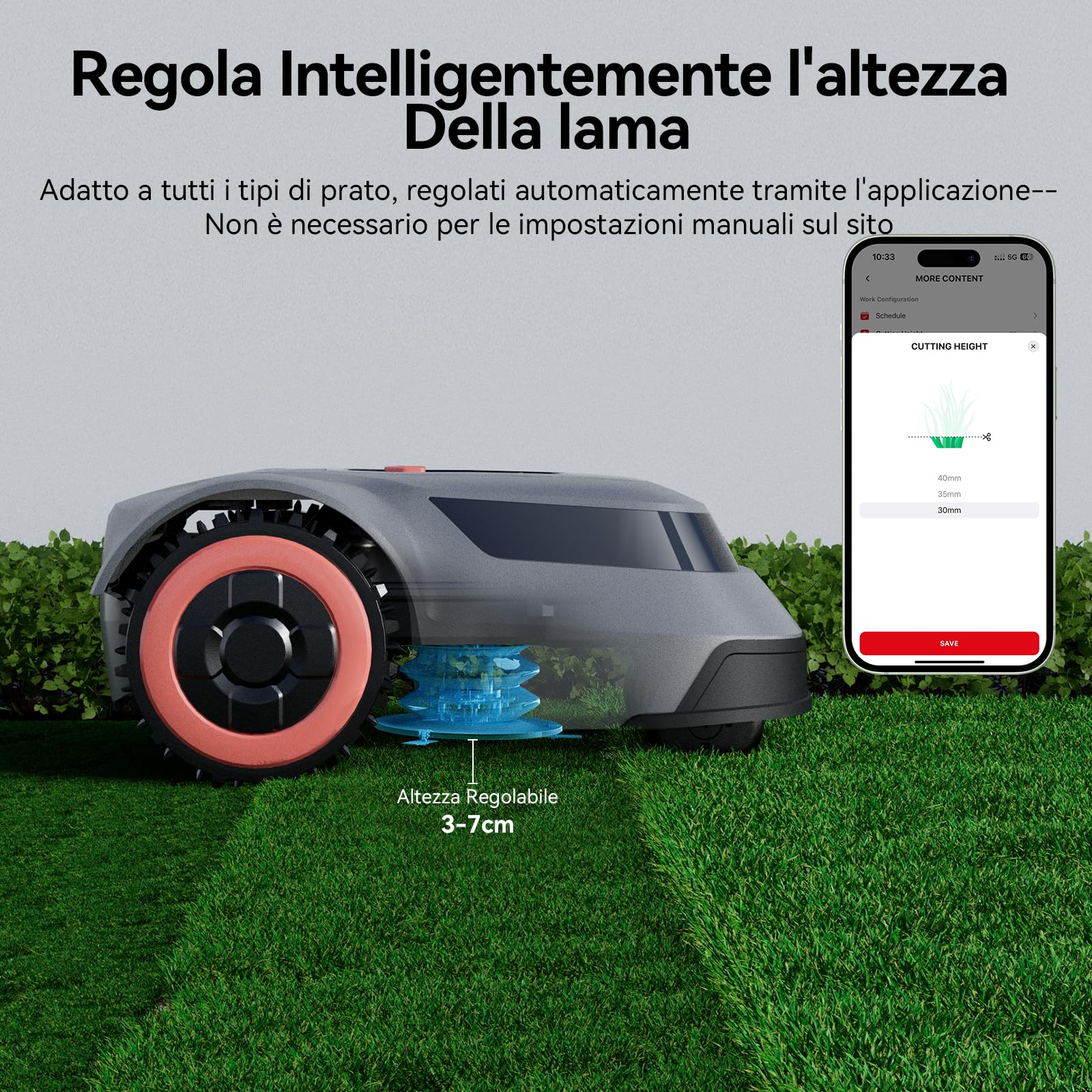 Redkey MGC500 Robot Trimmer Rilevamento di Rottura del Cavo, Angolo di Salita Massimo di 24°, Vassoio di Lame a Sollevamento Automatico, Controllo Attraverso Applicazione, per Spazi Corte fino a 500
