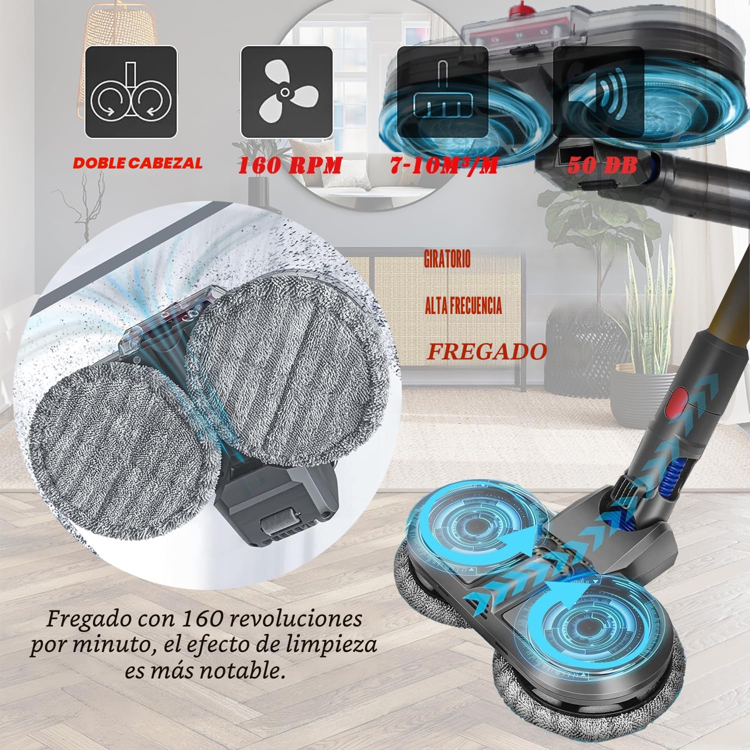 Eléctrica Cabeza de Mopa Accesorio Reemplazo Compatible con Dyson V7 V8 V10 V11 V15, Cabezal de Trapeador Eléctrica, con 150 ml Tanque de Agua con 6 Almohadillas de Trapeador