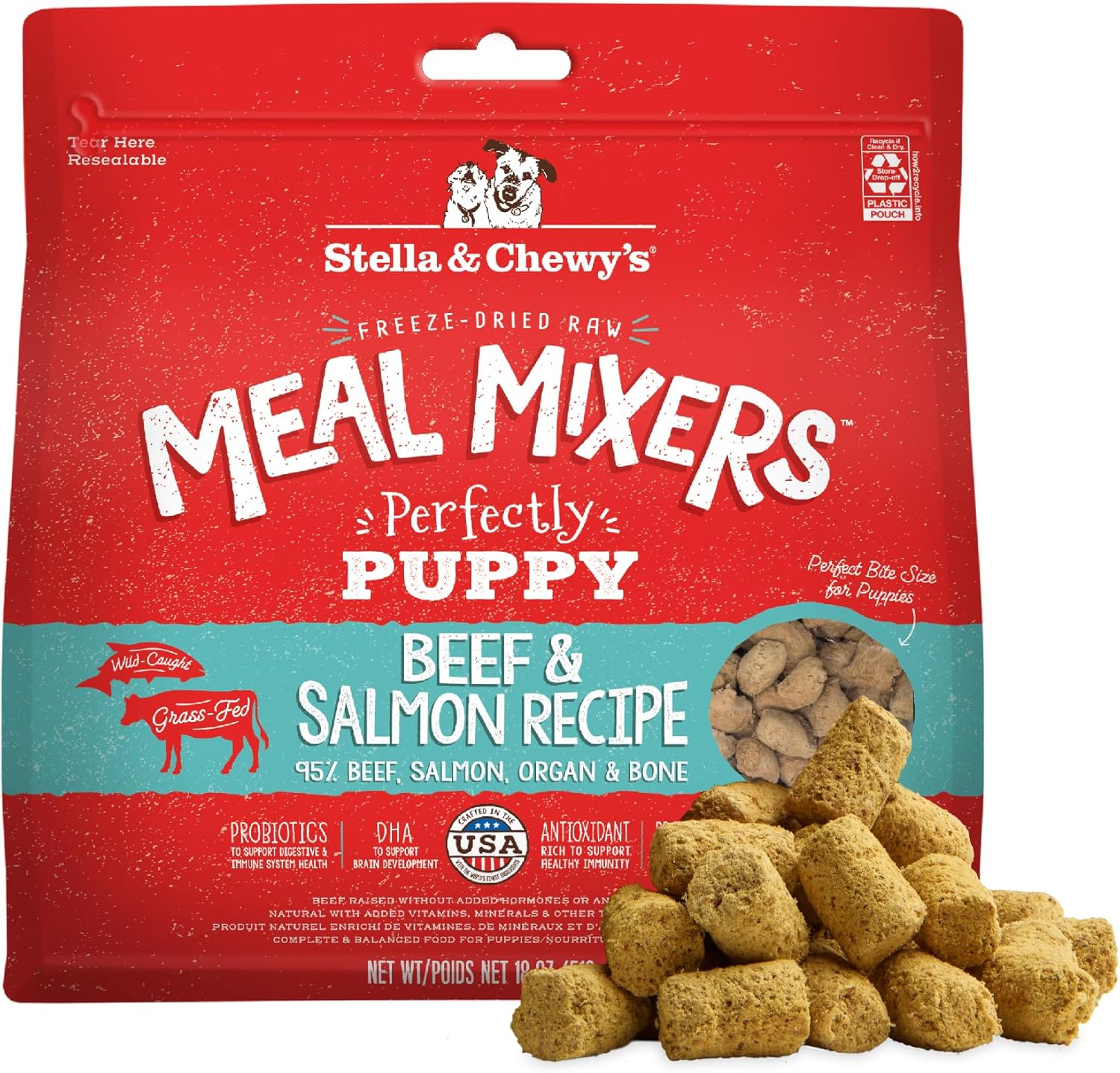 Stella & Chewy's Freeze Dried Raw Meal Mixers – Crafted for Puppies – Grain Free, Protein Rich Perfectly Puppy Beef & Salmon Recipe – 18 oz Bag