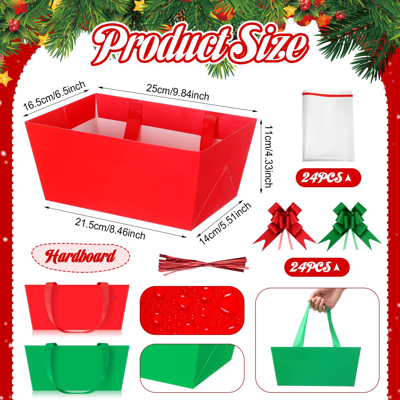 24 cesti natalizi vuoti, kit con 24 sacchetti di plastica e 24 fiocchi da tirare, confezioni regalo fai da te, 24 x 16,5 x 10,9 cm, cestini di cartone per Natale e compleanno (rosso verde, stile