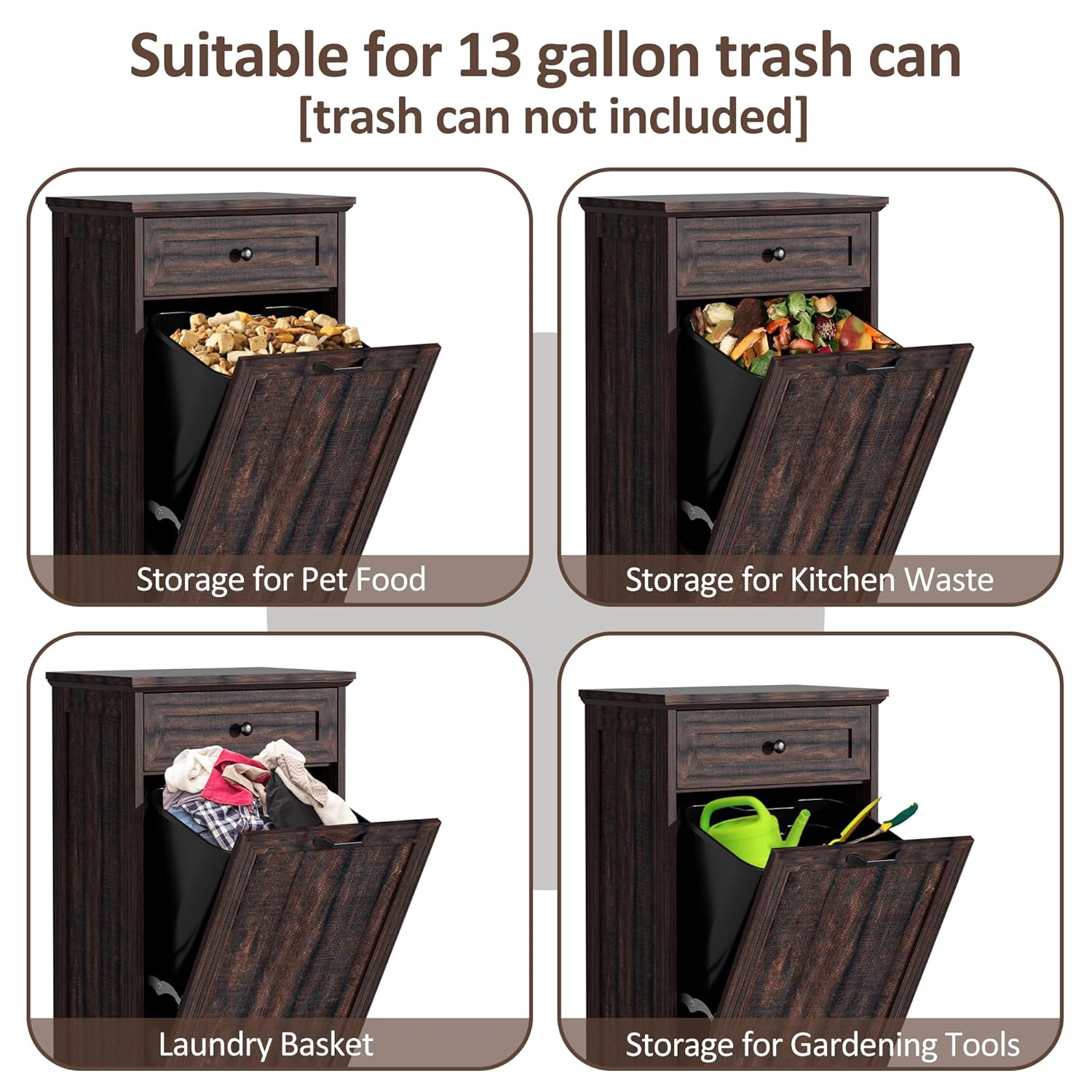 Tilt Out Trash Cabinet 13 Gallon Wooden FreeStanding Waste Bins with Hideaway Drawer,Kitchen Island with Trash Can Storage (Brown)