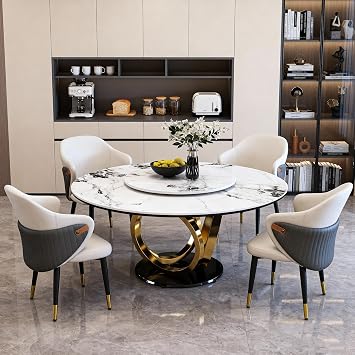 Montary 53 Modern Round Dining Table for 4-8 Seat, Artificial Marble Dining Room Table with Lazy Susan, 3 Gold Circles Stainless Steel Base, Sintered Stone Top Dining Table Only Table
