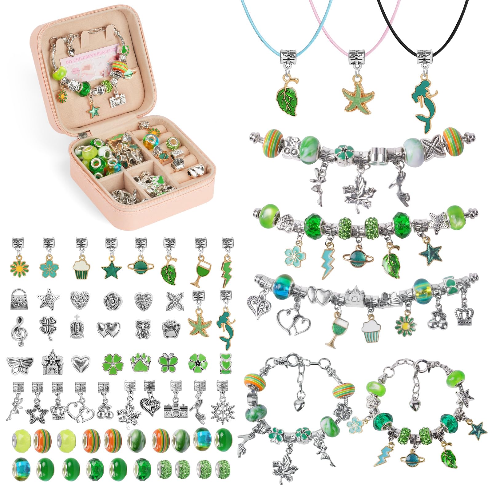 AUAUY Kit per realizzare braccialetti per ragazza, 66 perline verdi, regalo per bambini dai 5 ai 12 anni, giocattoli artigianali natalizi
