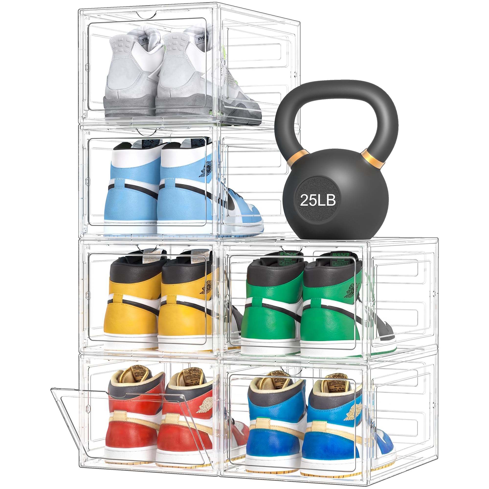 Pinkpum Upgraded Hard Shoe Storage Box 6 Pack X-Large Fit Size 12, Thicken & Sturdy Clear Plastic Stackable Shoe Organizer Box Closet, Sneaker Storage Display Case Holder Bins with Magnetic Door White