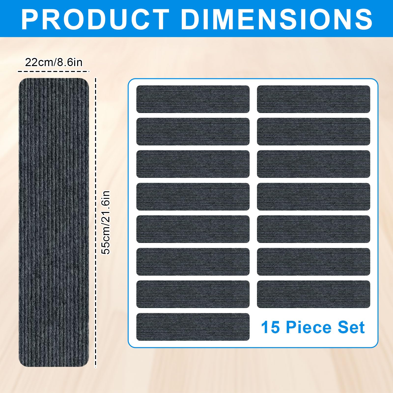 15 pièces de tapis pour marches d'escalier, 55x22 cm, tapis d'escalier, gris foncé, résistant à l'eau, rectangulaire, auto-adhésif, antidérapant, pour protéger les animaux de compagnie, les personnes