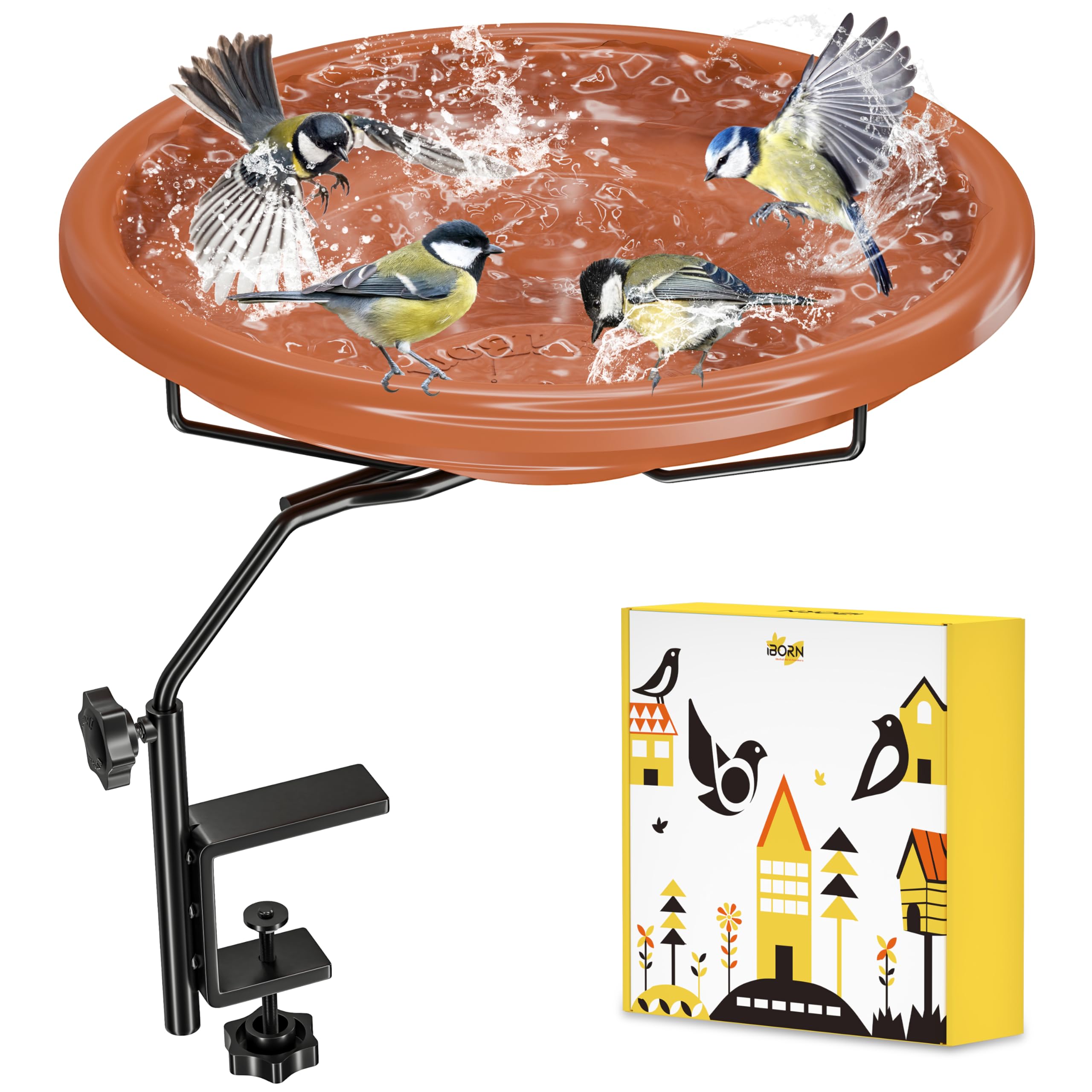 iBorn Bird Bath for Outside,Deck Mounted Bird Bath 12in，Birds Baths for Outdoors with Adjustable Clamp 3.2in，BPA-Free Bowl，360&deg;Swivel & Adjustable Height Bracket，Detachable Birds Baths, Pack of 1