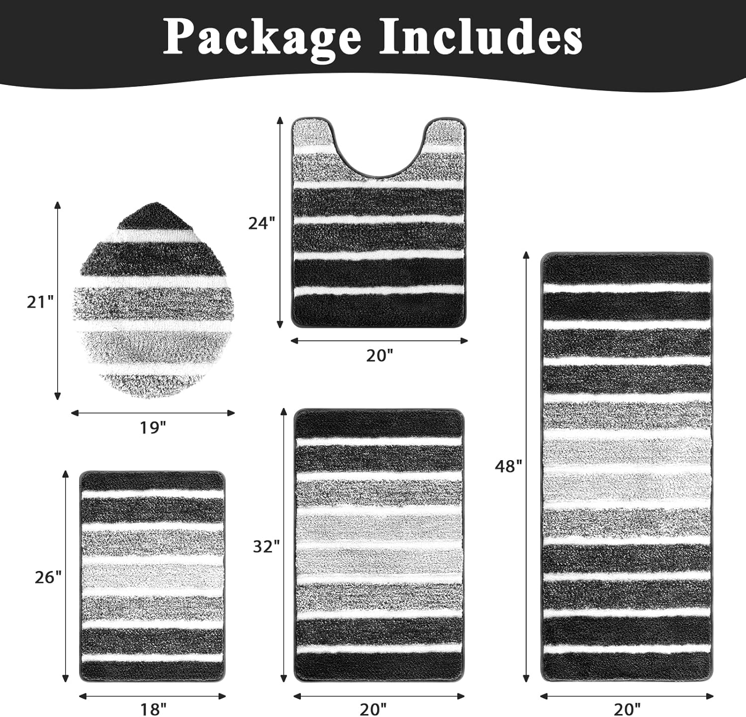Yamaziot Bathroom Rugs Sets 5 Piece, Microfiber Bath Mat for Bathroom, Non Slip Washable Bath Rug Set with Bath Runner Rug, U-Shaped Toilet Rugs, Shower Rug & Toilet Cover, Black