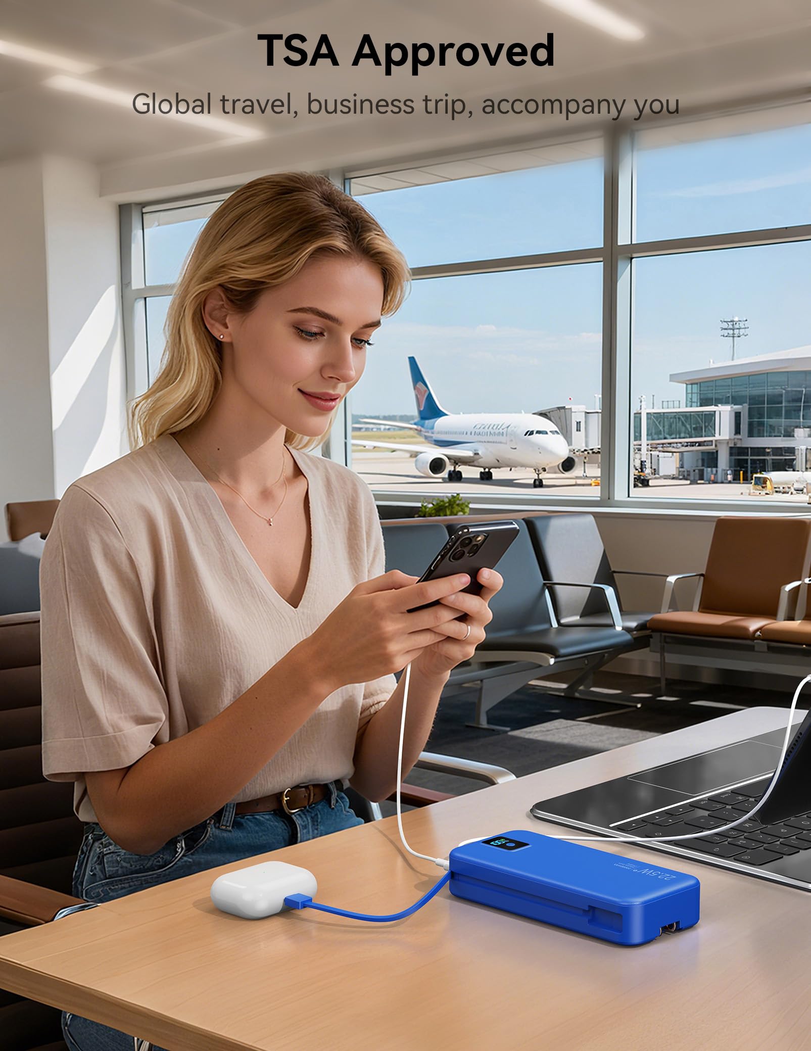 Cargador portátil, 20000 mAh, 22,5 W, batería externa de carga rápida con cables integrados y enchufe de pared, batería esencial de viaje con pantalla LED, cargador de teléfono USB C para iPhone, iPad
