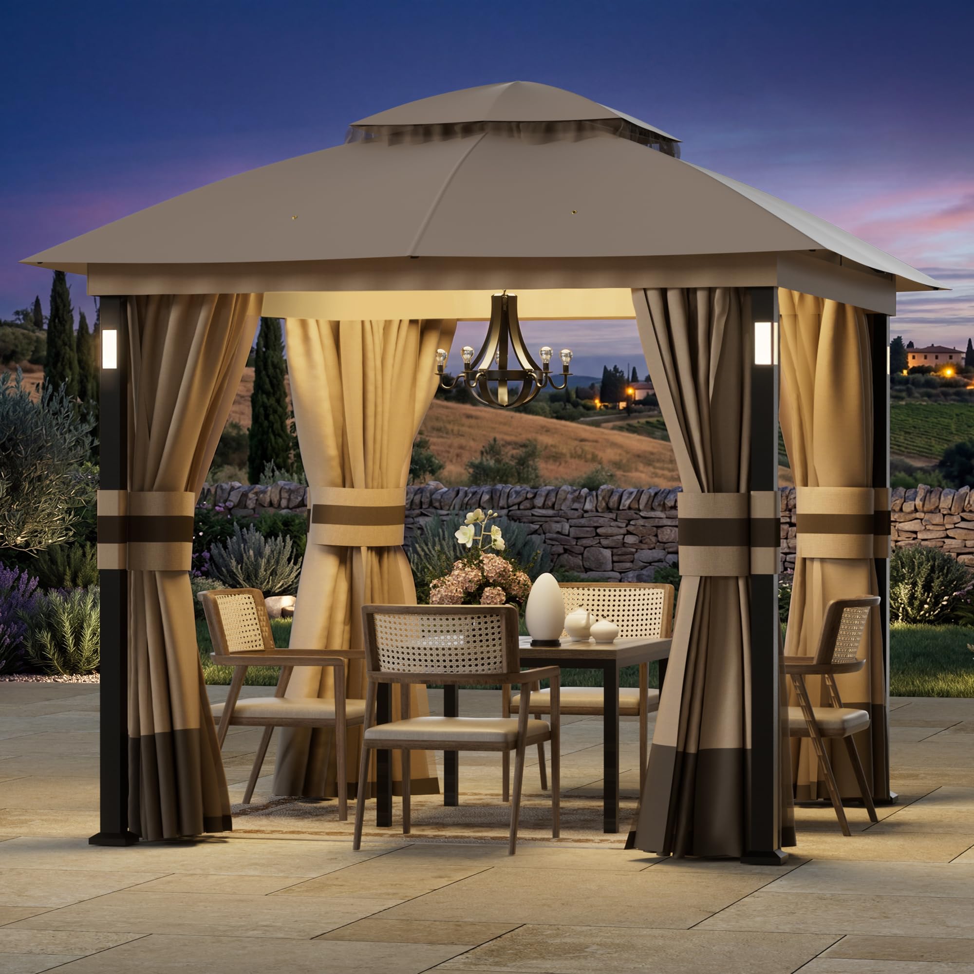 Modern Shade Gartenpavillon Doppeldach 2,4 x 2,4m mit LED-Beleuchtung & Bluetooth-Lautsprecher, Robuste Außenmarkise mit Metallrahmen, Pavillon mit Stoffdach, Netz und Vorhängen für Garten, Khaki
