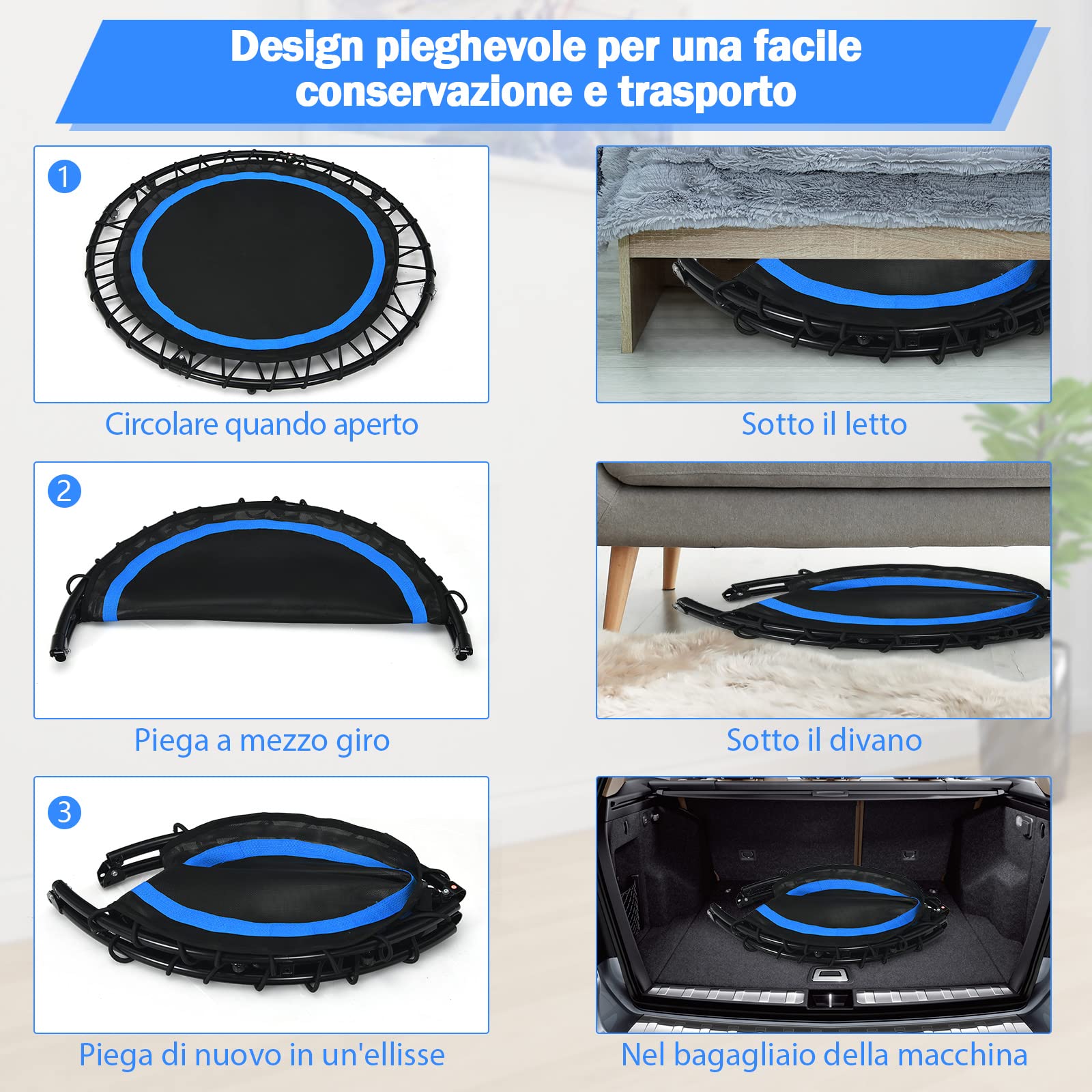 COSTWAY Mini Trampolino Pieghevole 101cm, Trampolino Fitness per Adulti e Bambini,con Maniglia Altezza Regolabile, Capacità di Carico 150 kg