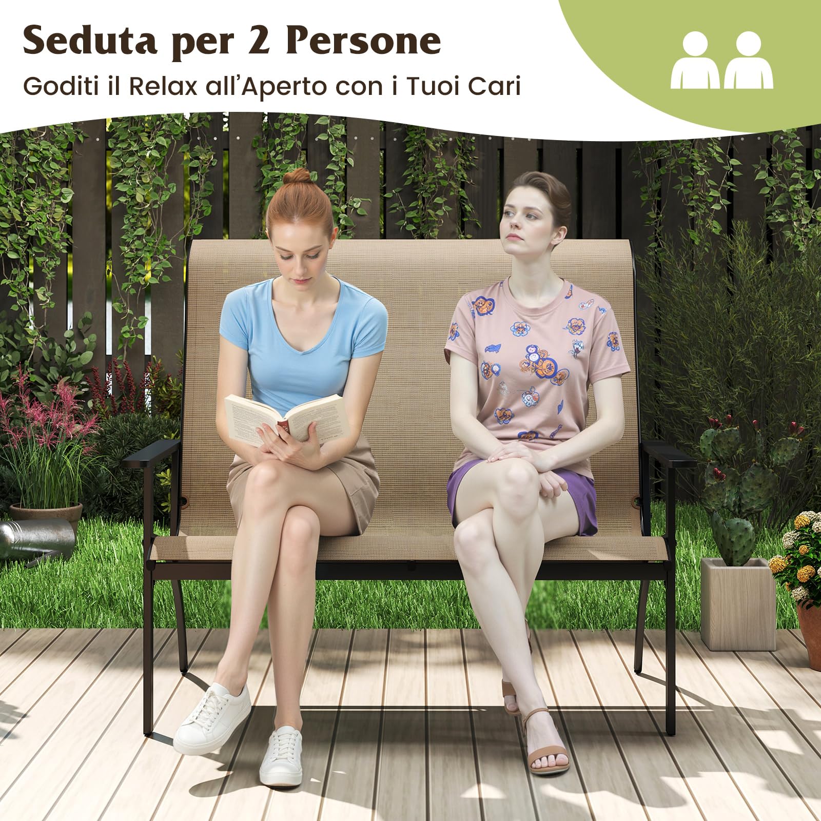 COSTWAY Sedia Esterno a 2 Posti, Panca da Giardino con Schienale Alto e Braccioli, Poltrona da Giardino a 2 Persone, per Terrazzo Patio Cortile, Portata 400 kg