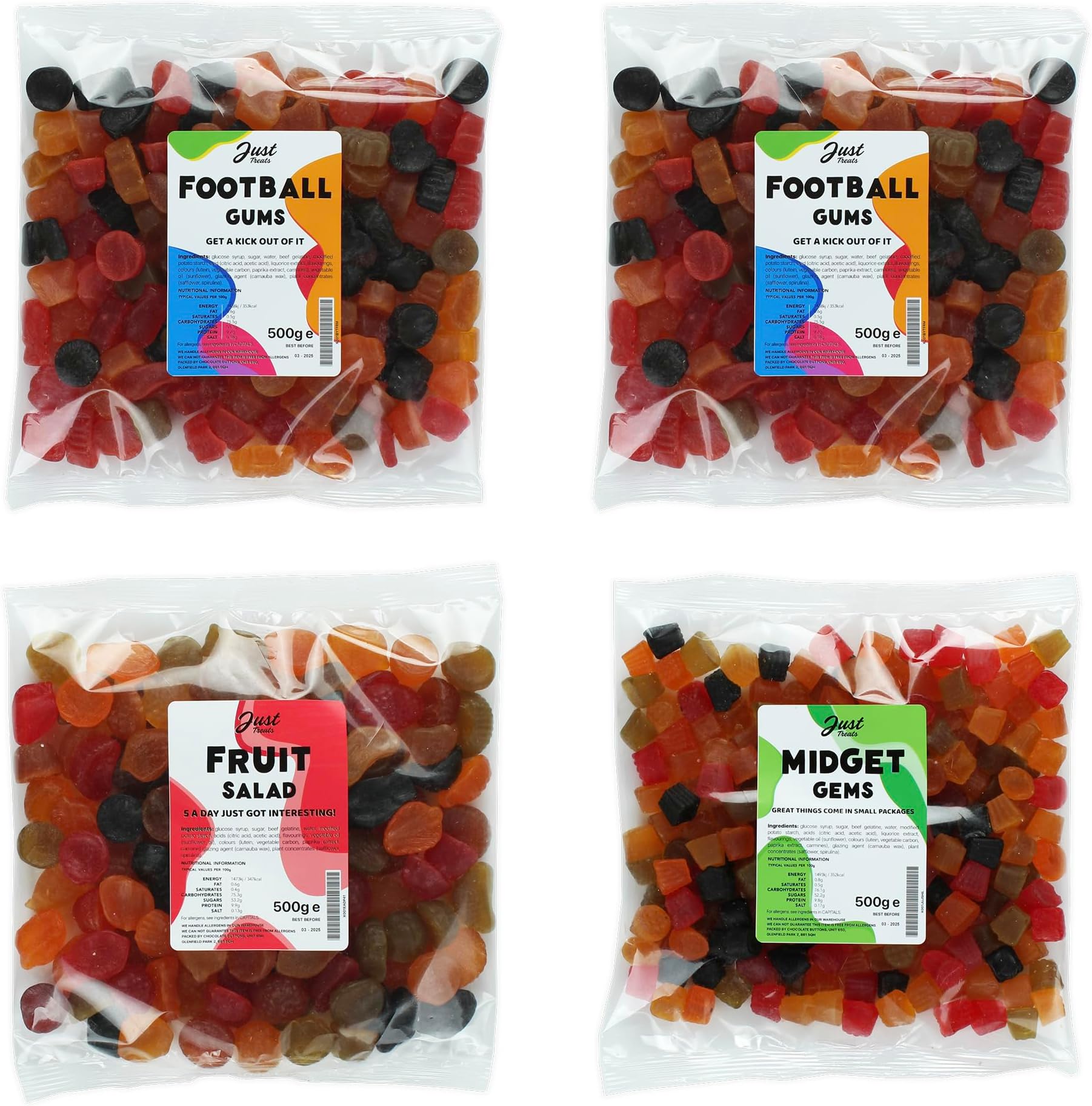 Lion Original Gums The Matchday Favorites - 2 x Football Gums, Fruit Salad, Midget Gems (4 x 500g Bags) - 1,1,2,4