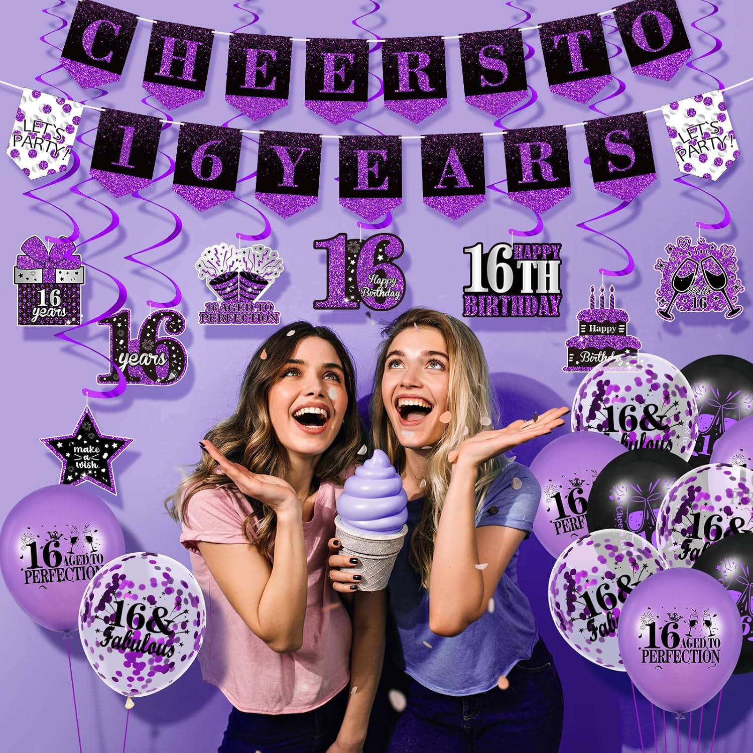 Purple 16th Birthday Decorations for Girls Boys Purple Black 16th Birthday Banner Hanging Swirls 16th Birthday Balloons Happy 16th Birthday Cake Topper for Purple Cheer to 16 Years Party Supplies