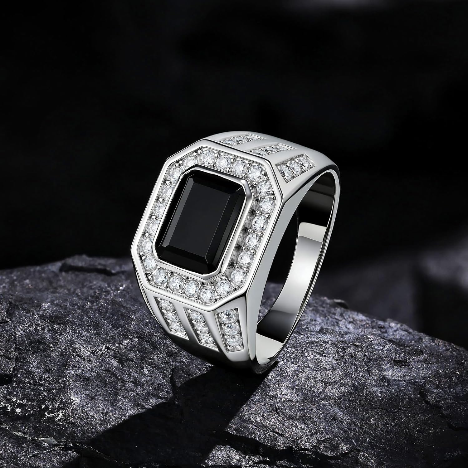 Lab-Created Moissanite Mens Wedding Band Black Wedding Ring For Men White Gold Plated Silver Sz 8-13 - Image 6