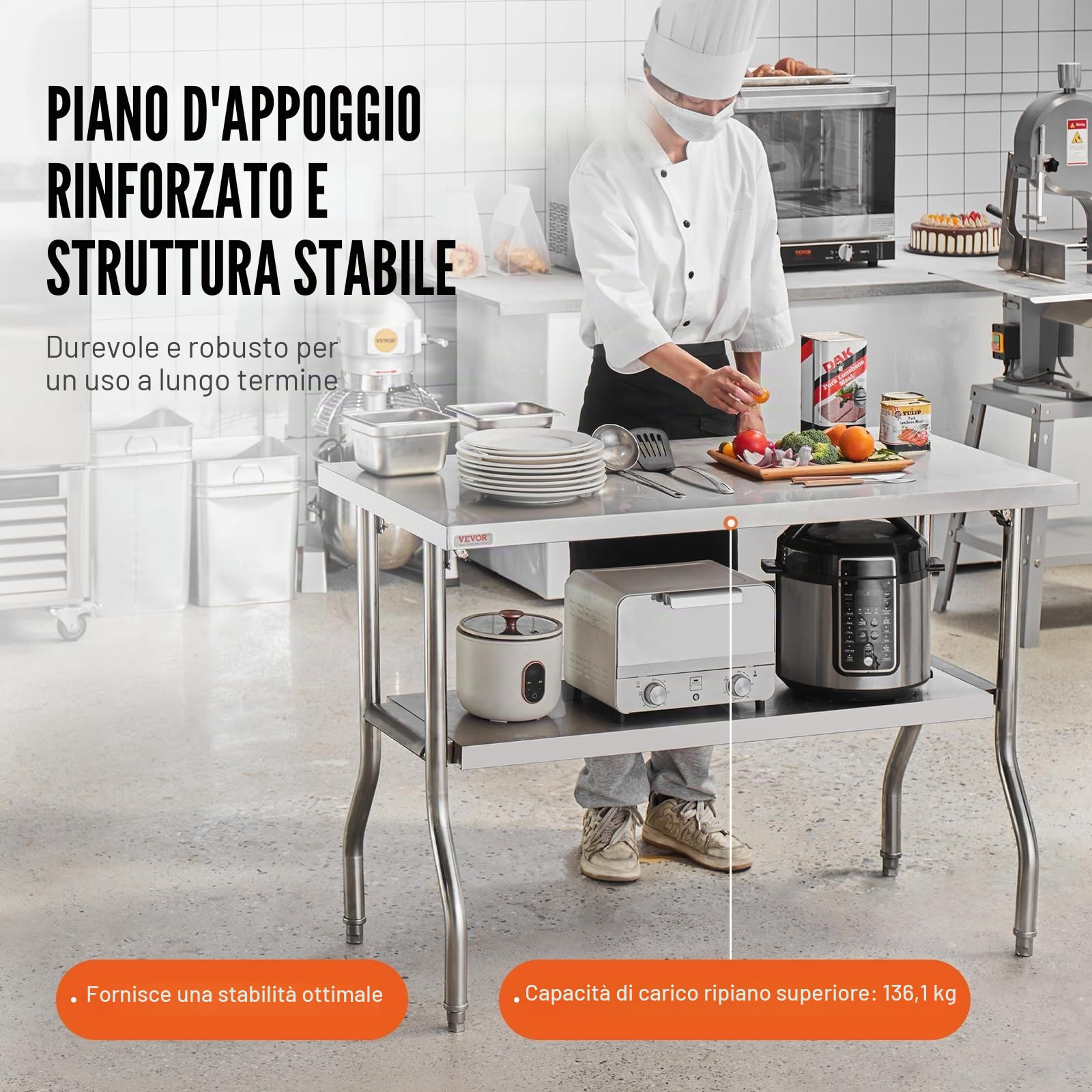 VEVOR Tavolo Acciaio Inox Professionale 40,8 Libbre Tavolo da Lavoro per Cucina 48 x 24 x 33,5 Pollici, Capacità di Carico 350 kg, Piano Lavoro Commerciale per Ristorante