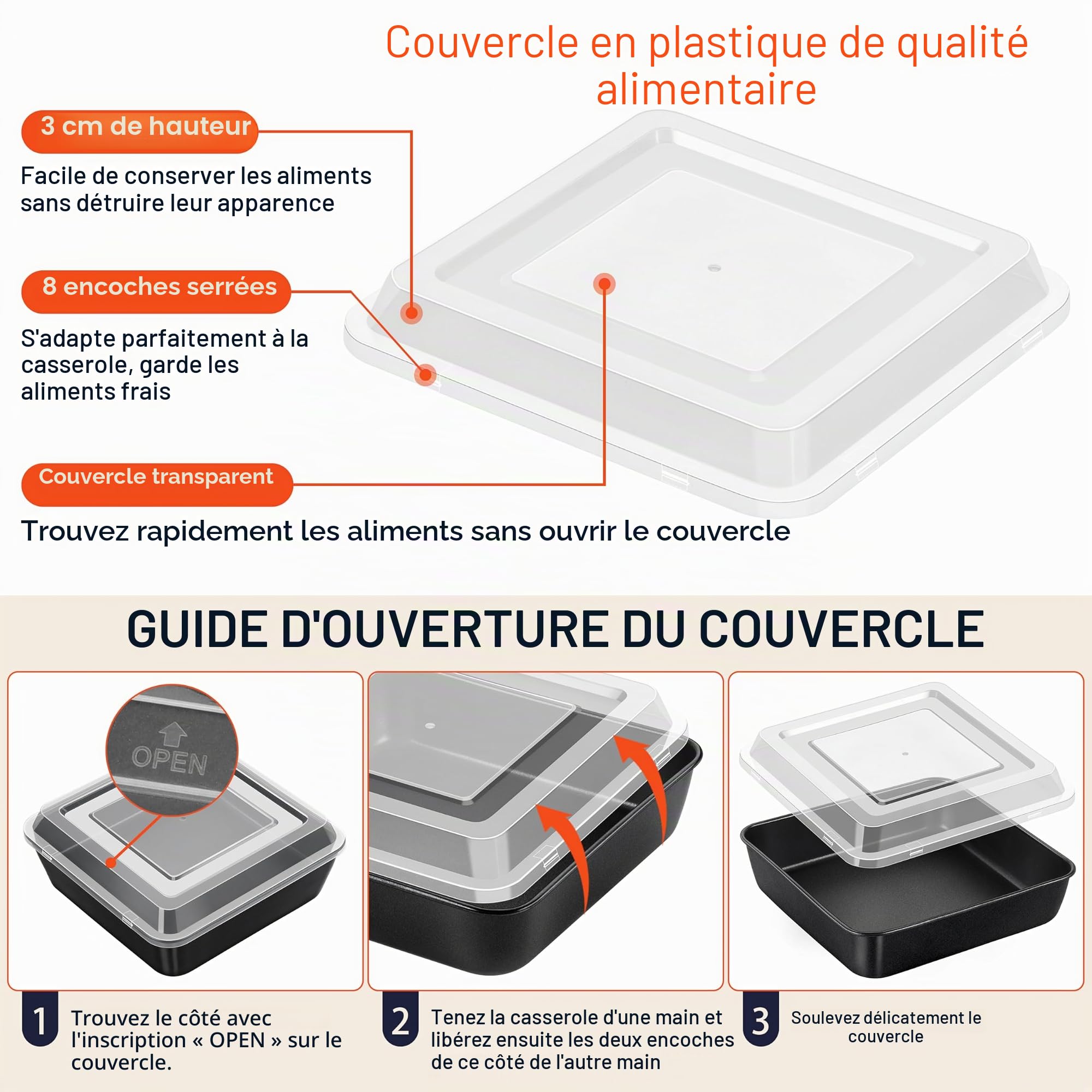 Joyfair Moule à gâteau carré de 20 cm en acier inoxydable anti-adhésif avec couvercle, idéal pour rôtir et stocker des brownies, lasagnes, fruits et restes, facile à démouler et à nettoyer, noir