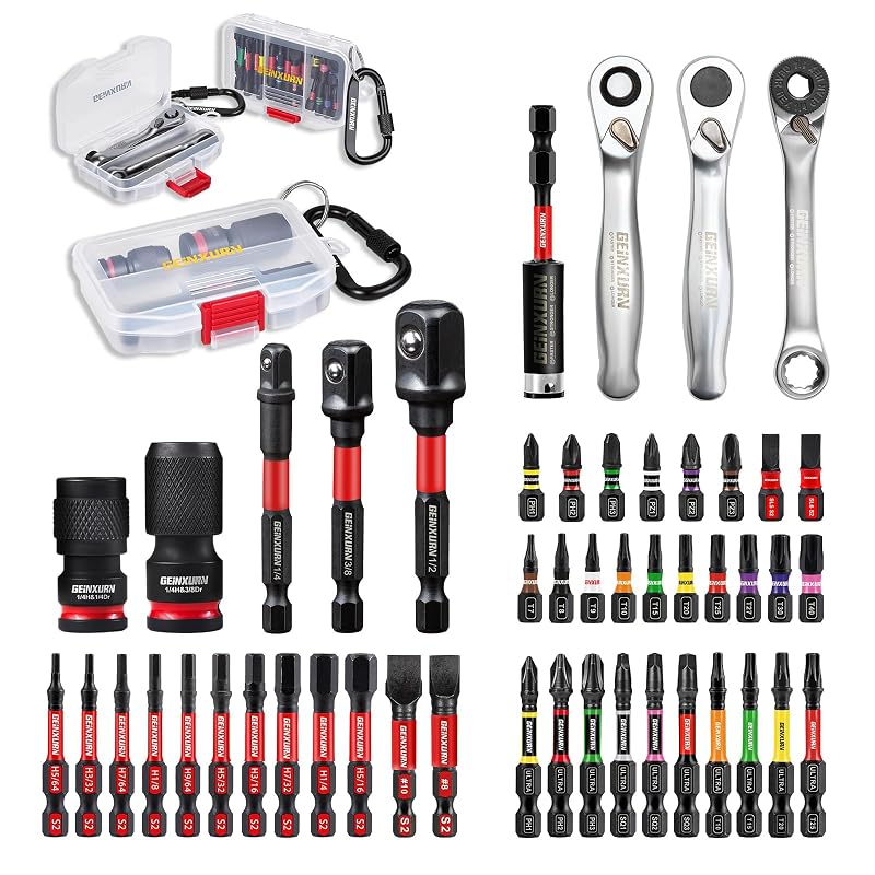 Kit de Bits, Adaptadores e Mini Chaves de Catraca de Impacto GEINXURN DBOX053 com Estojo, 53 peças