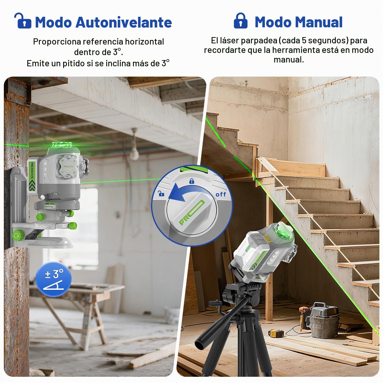 Huepar Pro Láser Nivelador con Base Giratoria Ajustable en Pivot, Nivel Láser Verde Autonivelante 360°, Recargable, Control Remoto, Alta Precisión ±2 mm, Modo Pulso, Uso Profesional