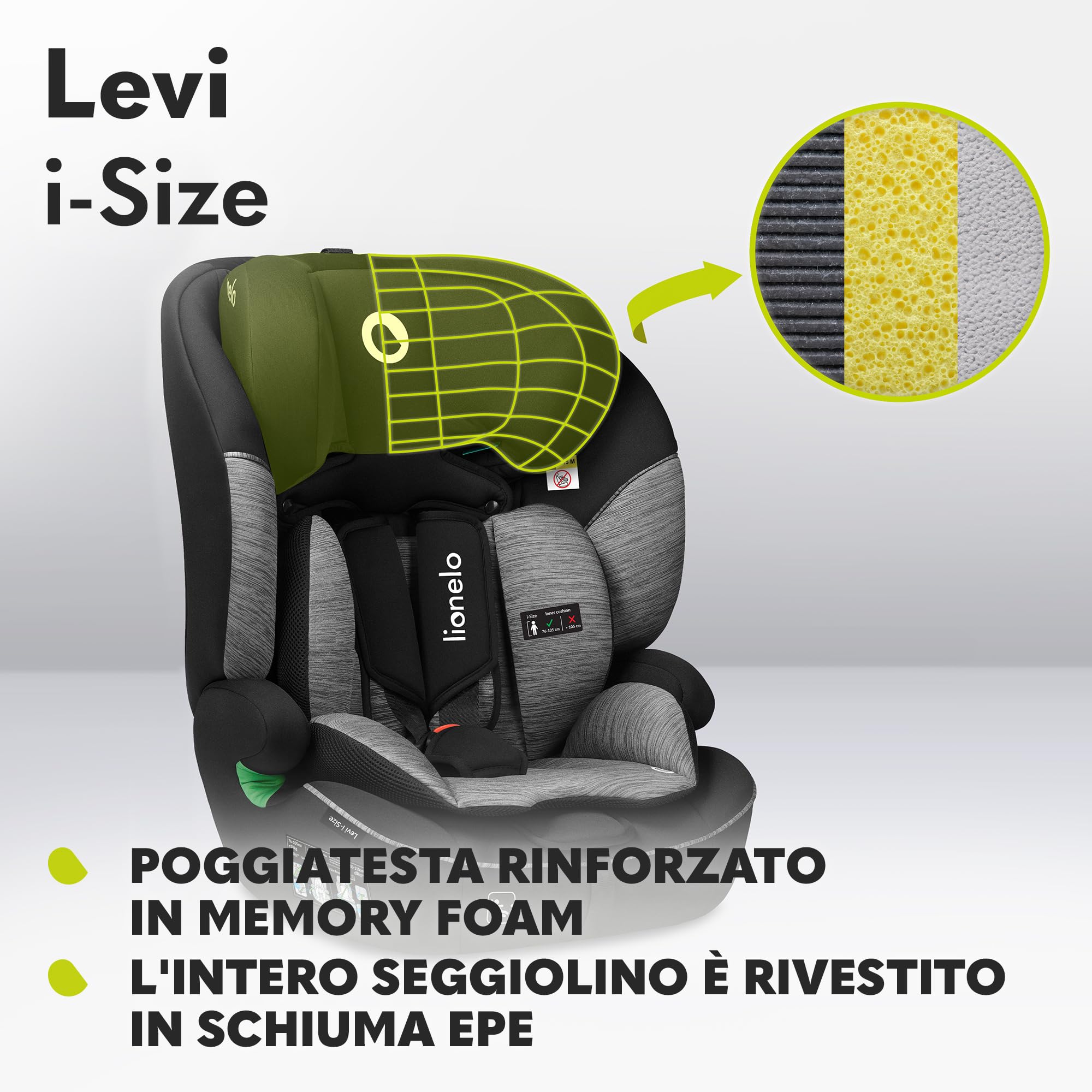 LIONELO Seggiolino Auto LEVI I-SIZE bambini 76-150 cm (ca.15 mesi - 12 anni') Protezione laterale, Poggiatesta 10 Livelli, Braccioli, Ampio e Comodo, Cinture a 5 punti, Universale, Lavabile, Gruppo123