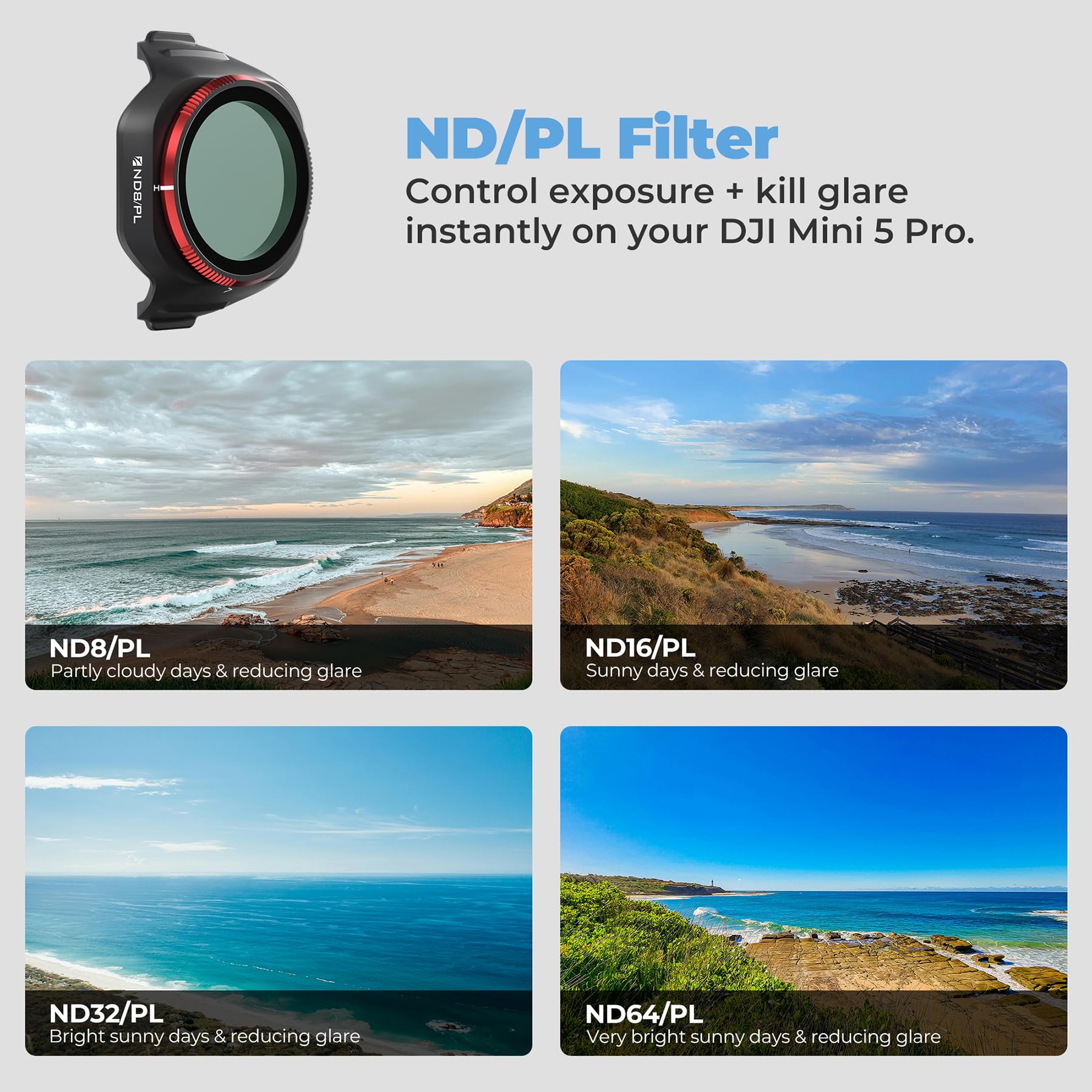 Freewell Bright Day - Confezione da 6 filtri ND/PL per DJI Mini 5 Pro - ND8/PL, ND16/PL, ND32/PL, ND64/PL, ND128/PL & ND256/PL - Filtri polarizzati per controllo dell'esposizione e riduzione