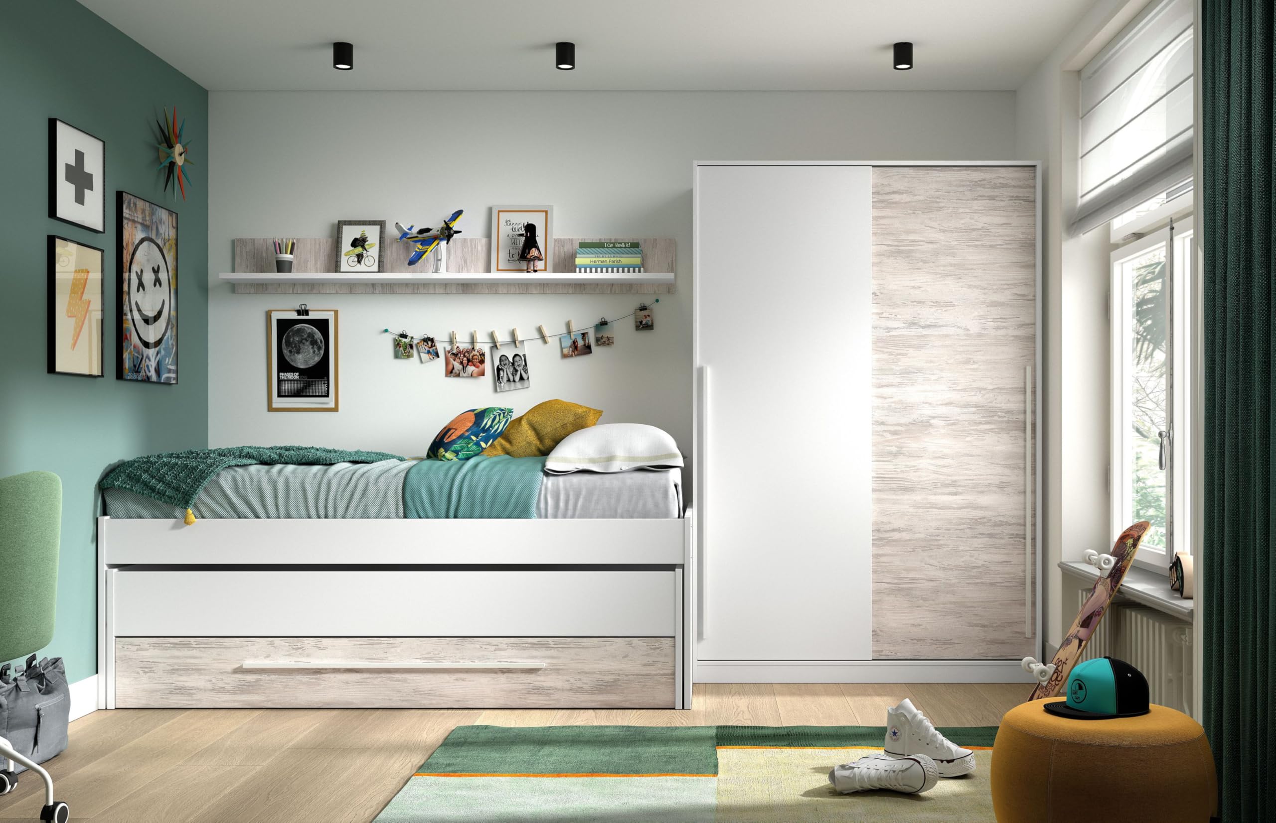 Habitdesign Cama Nido Juvenil 2 Camas Cajon Estante Infantil Blanco 199x96x65 cm