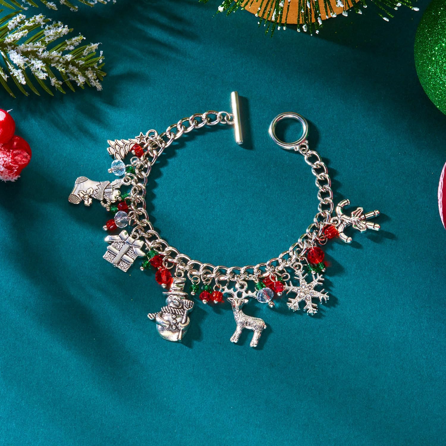 Christmas Bracelet for Women Cute Jingle Bells Snowflake Christmas Tree Candy Cane Crystal Bracelets Gold Silver Chain Clasp Toggle Bracelets Chunky Xmas Charms Bracelet Christmas Holiday Winter Party Jewelry - Image 4
