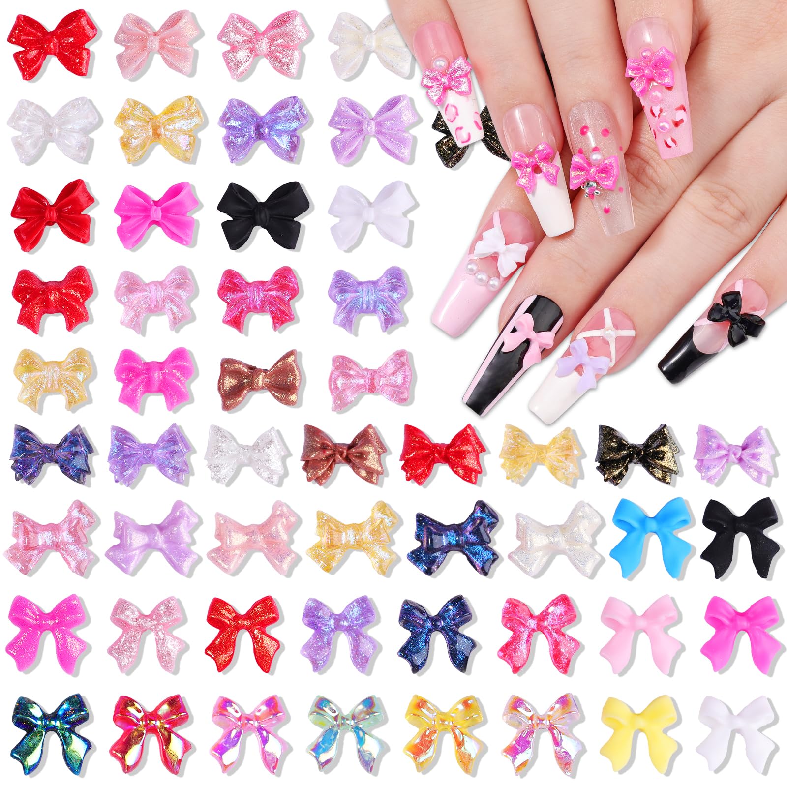 100PCS Mixed Bow Nail Charms Set, 3D Red Pink White Multicolor Bowknot Nail Art Decorations Flatback Resin Bow Charms for Nails Design Sparkling Nail Accessories for Women Manicure DIY Craft-image-7