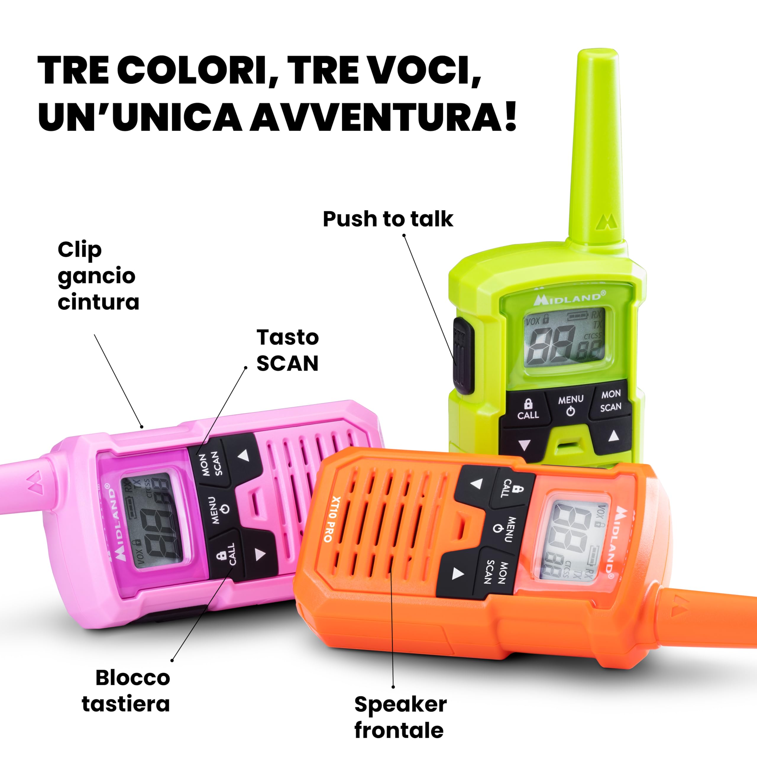 Midland - Walkie Talkie per Famiglie XT10 PRO Multicolor, 3 Radio Ricetrasmittenti per Esterno e Famiglia - 16 Canali PMR446 Senza Licenza, 20H/4km, 38 Toni CTCSS, VOX, SCAN, Call, Batterie AAA