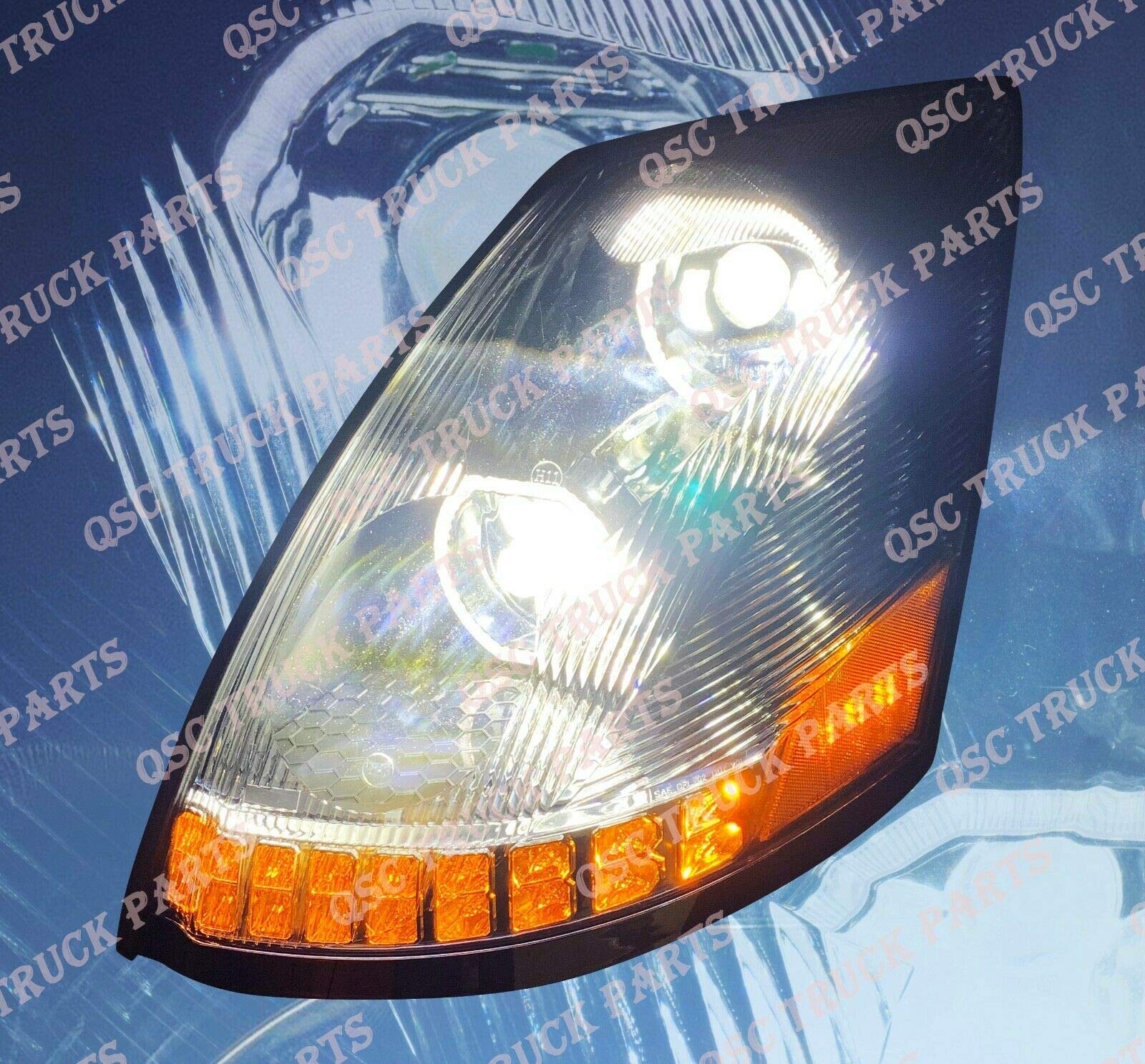 QSC Truck Parts Full LED Performance Black Headlights w/Sequential Turn Signals + LED Fog Light LH RH Set Compatible with Volvo VNL 04-17