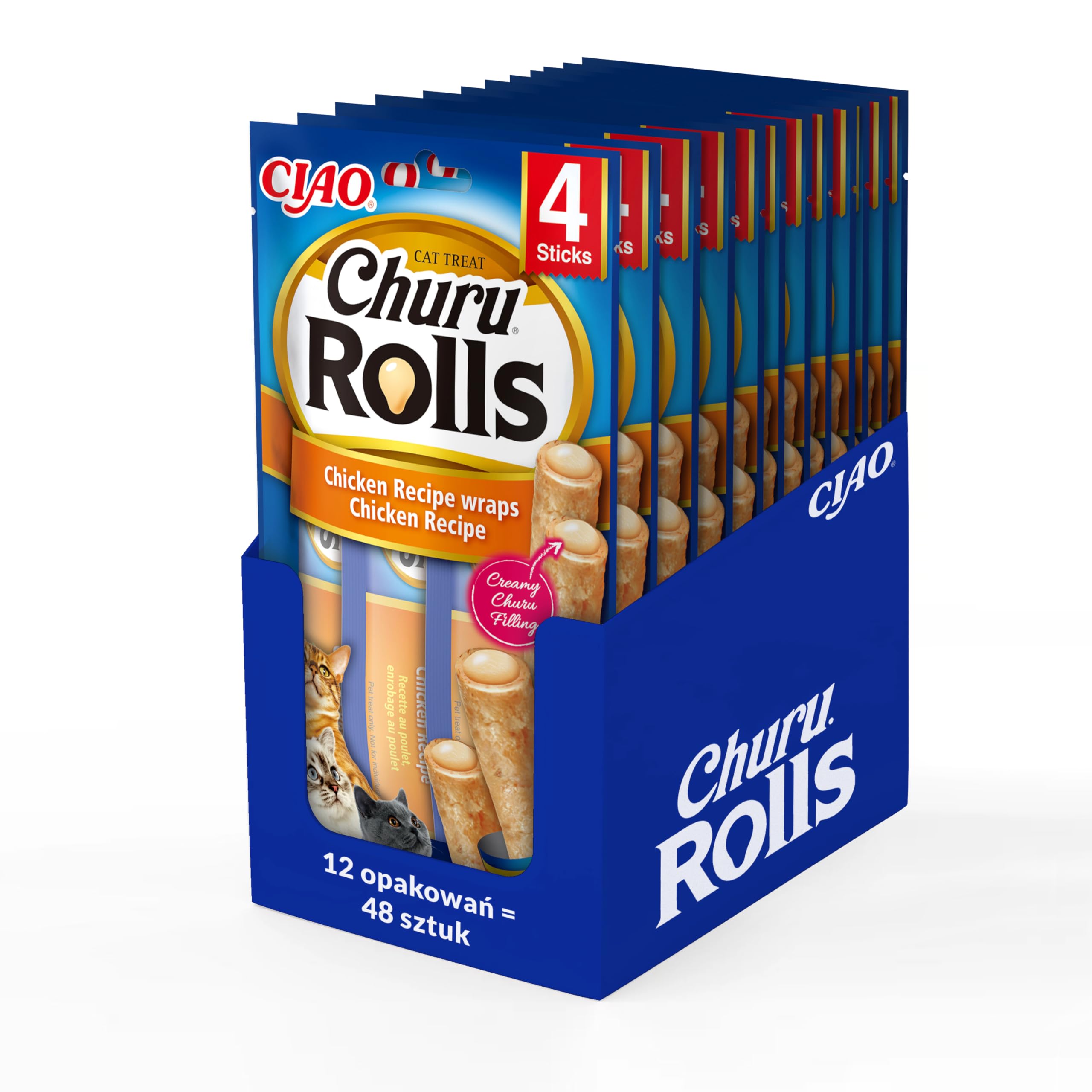 INABA Churu Rolls - Golosinas para Gatos para Dar de Comer con la Mano - Deliciosos Snacks para Gatos con Relleno cremoso - Cubiertos de Pollo