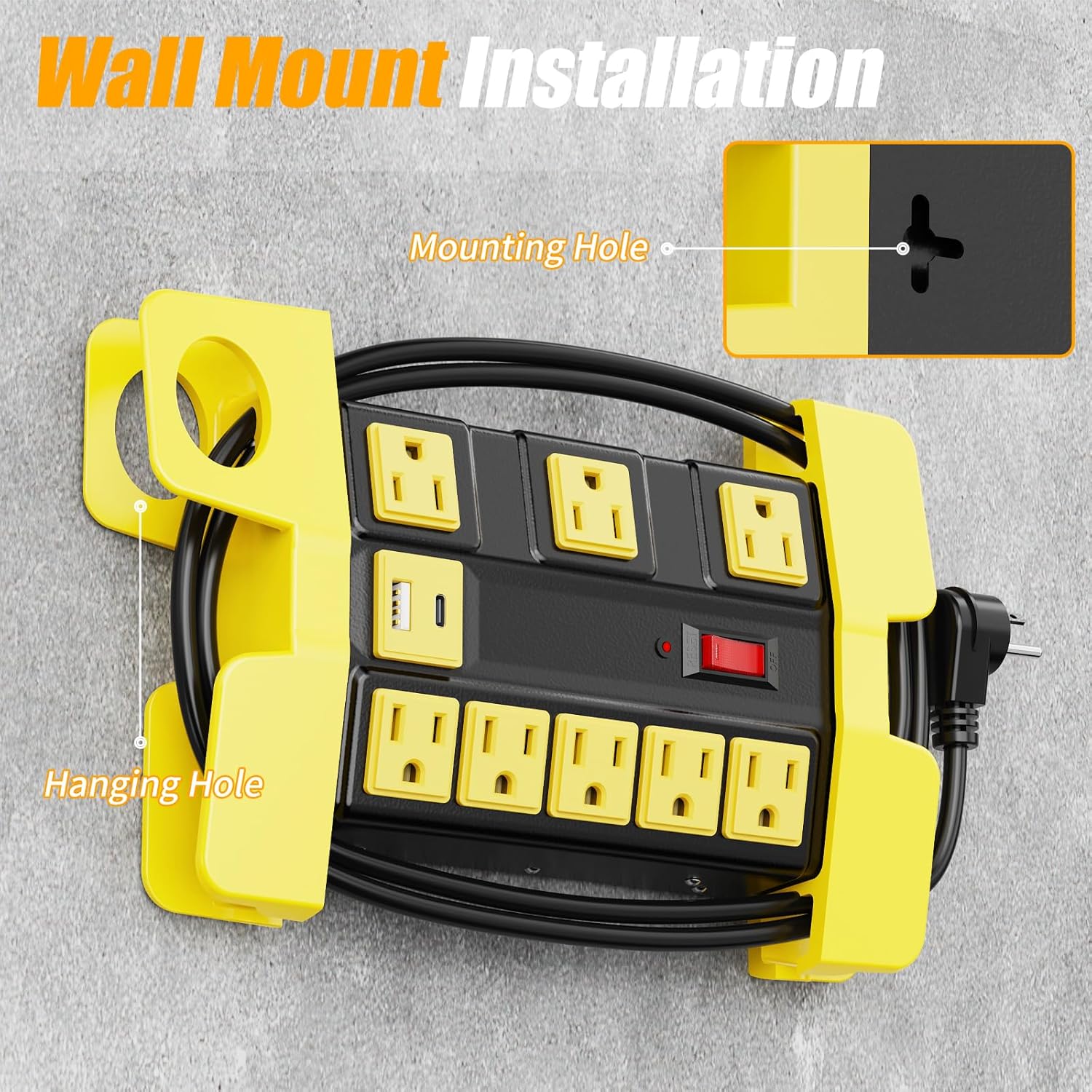 Heavy Duty Power Strip with Surge Protector, 8 Outlets 2 USB Ports, 15A Metal Wide Spaced Power Strip 1875W/2000J, 15FT Extension Cord with Flat Plug for Workshop Garage Shop (Black 15FT)