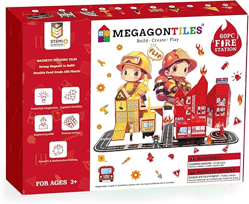 Juego de 60 azulejos magnéticos para estación de bomberos | Bloques de construcción magnéticos STEM con camiones de bomberos y grúas | Juguete