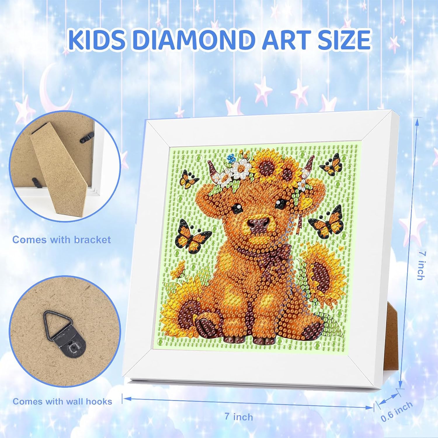 bleihum Cow Diamond Art Kits for Kids with Frame, Small Diamond Art for Kids Ages 4-8-12, Cute Gem Art Kits for Kid with Beautiful Package Gift Home Wall Decor (7x7inch)
