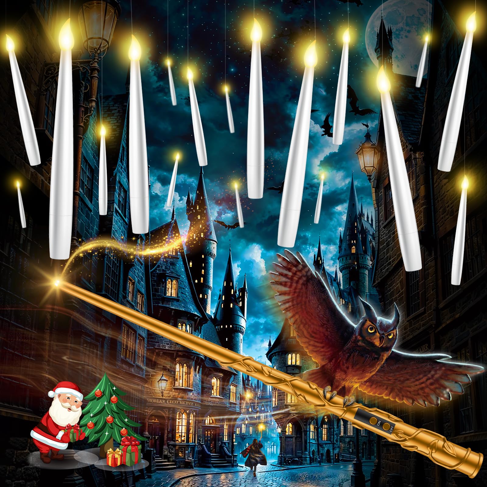 TLPUHU Floating Candles with Wand - 18 Pcs Halloween Decorations Magic Flameless Candles Flickering Warm Light Battery Operated LED Hanging Candles for Christmas Window Bedroom Birthday Party Decor