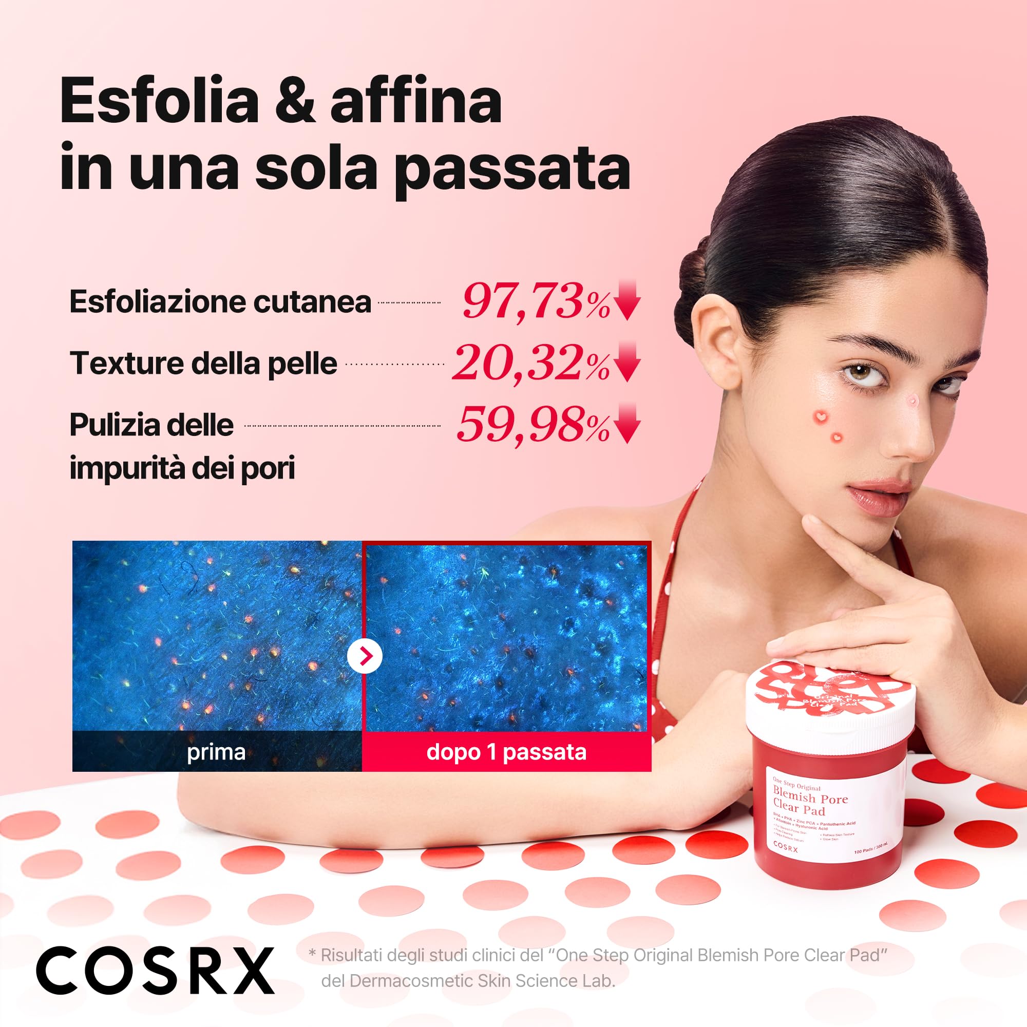 COSRX OneStep Original Blemish Pore Clear Pad, 100 cialde, Dual side Face Pad for Exfoliation, Pore Care & Idration with BHA, PHA & Zinc PCA & 5 Acidi ialuronici, coreano Skin Care