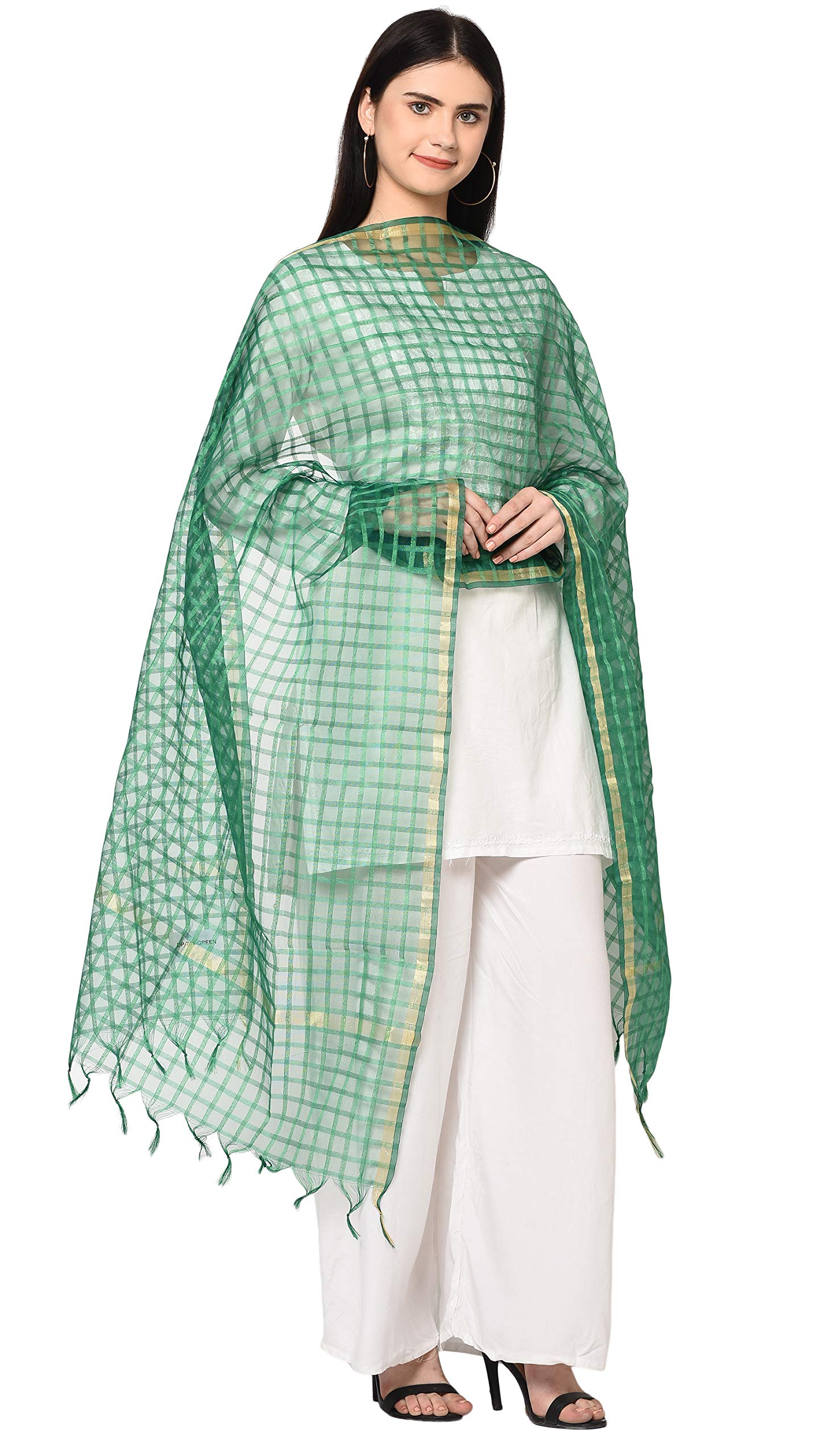 Weavers Villa Banarasi Poly Silk Checks Women's Dupatta, 2.25 Mtrs, Green Checks