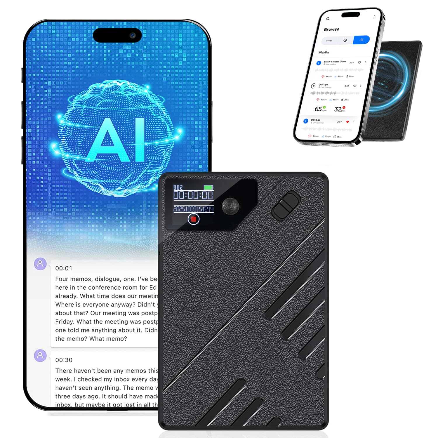 64 GB Gravador de Voz Digital Pequeno com Transcrição de Voz em Texto Ia, Gravador de
