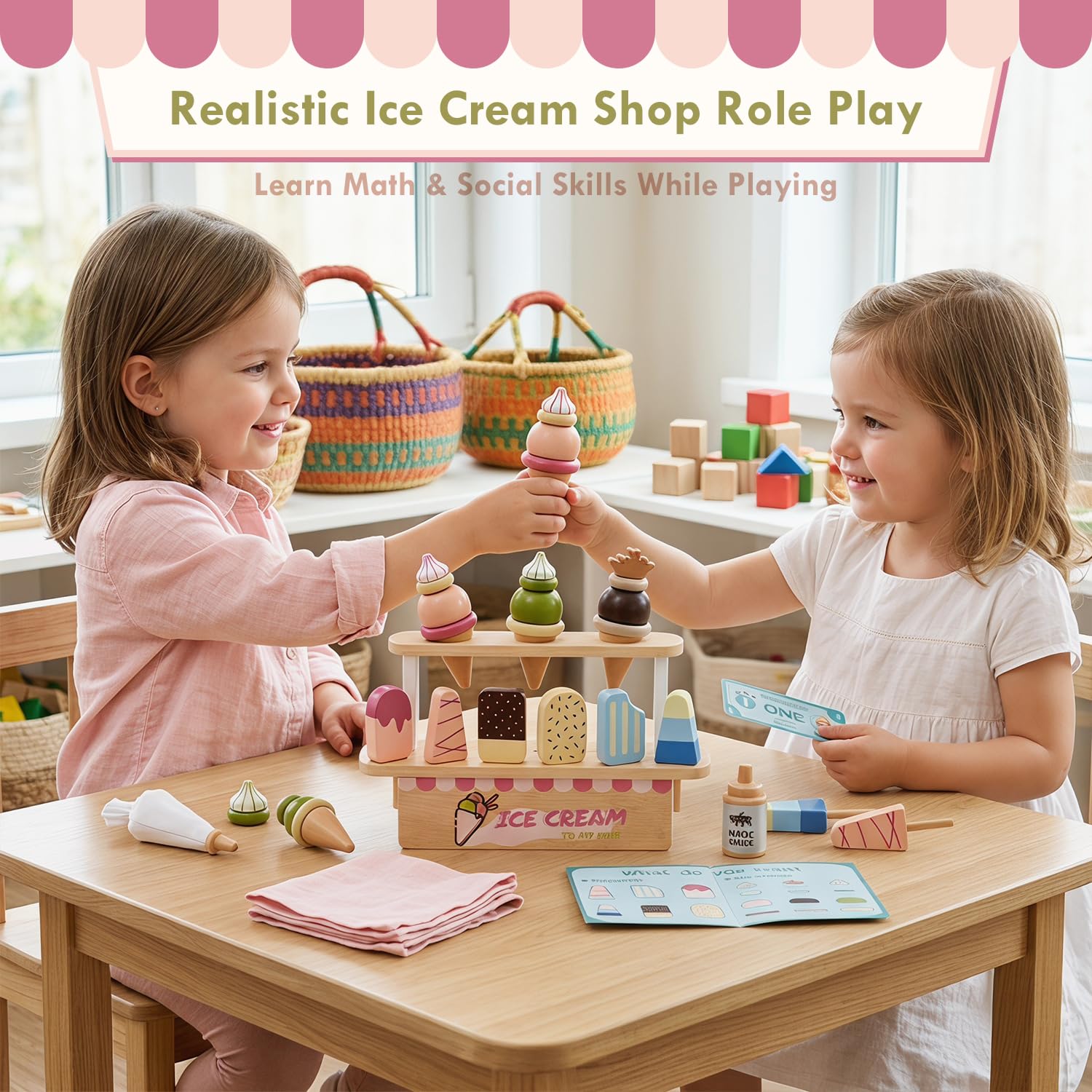 Eisdiele-Kinder-Holz, EIS-Spielzeug für Kind ab 6 Jahre, Holzspielzeug Küche Zubehör