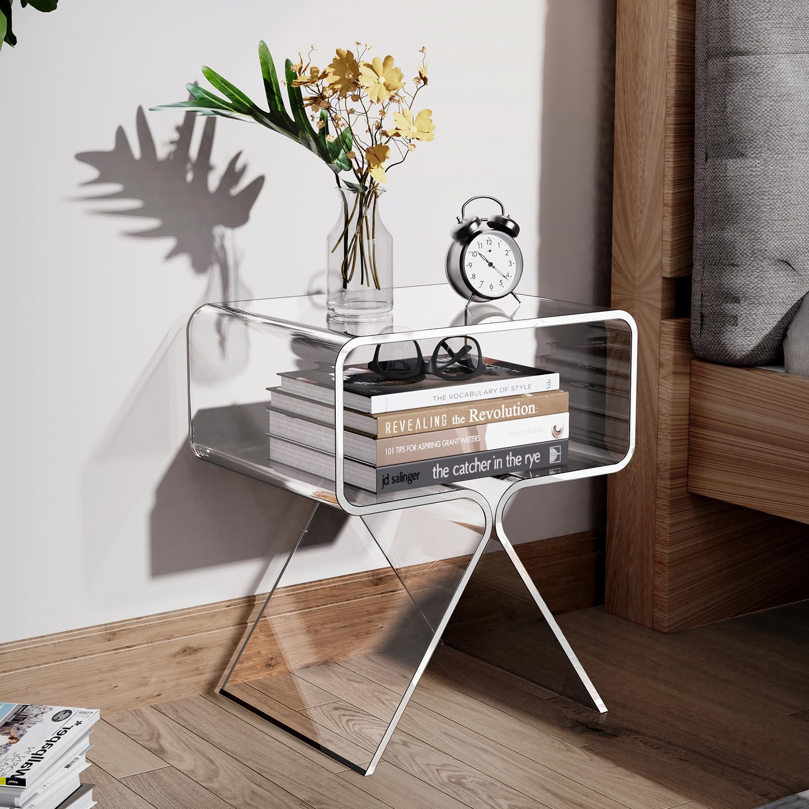 Mesa Auxiliar de Acrílico, Mesita de Noche, pequeña Transparente para Sala de Estar, Dormitorio (Claro)