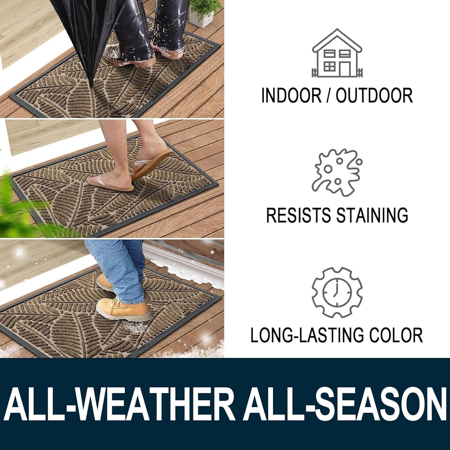 Colorxy Waterproof Doormat, Sturdy Natural Rubber Front Indoor Mat, Non Slip Low Profile Indoor Outdoor Door Mats, Stain and Fade Resistant Floor Mat, Easy Clean Patio Entrance Mat, 30''x17'', Brown