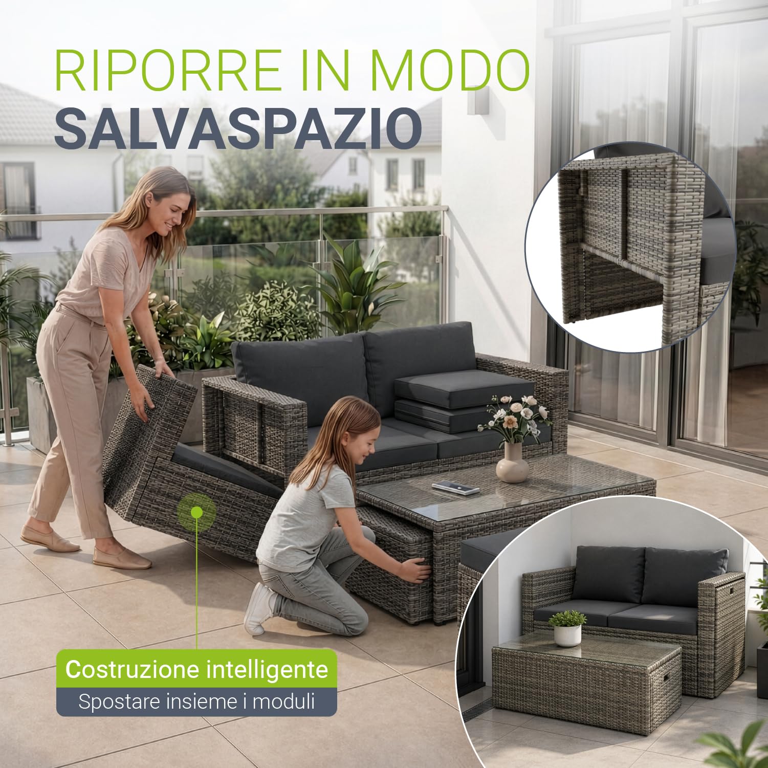 Juskys set di mobili da giardino Salou in polyrattan per 6 persone con tavolo e cuscini grigio
