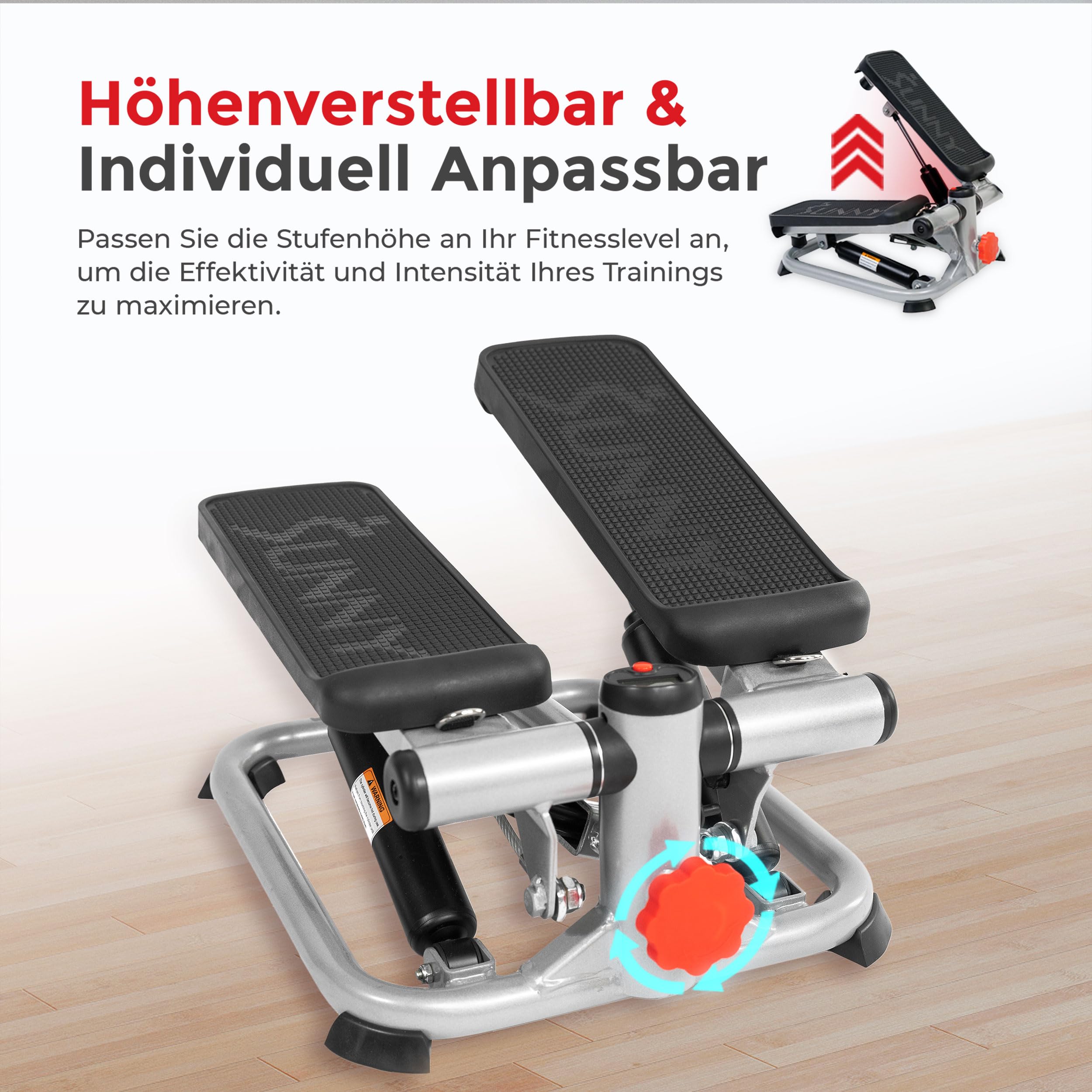 Sunny Health & Fitness Mini-Stepper mit LCD und Verstellbarer Tritthöhe | Unterkörper-Cardio, Vollständig vormontiert, LCD-Display, Heimtraining, Widerstandsbänder, Hydraulischer Stepper