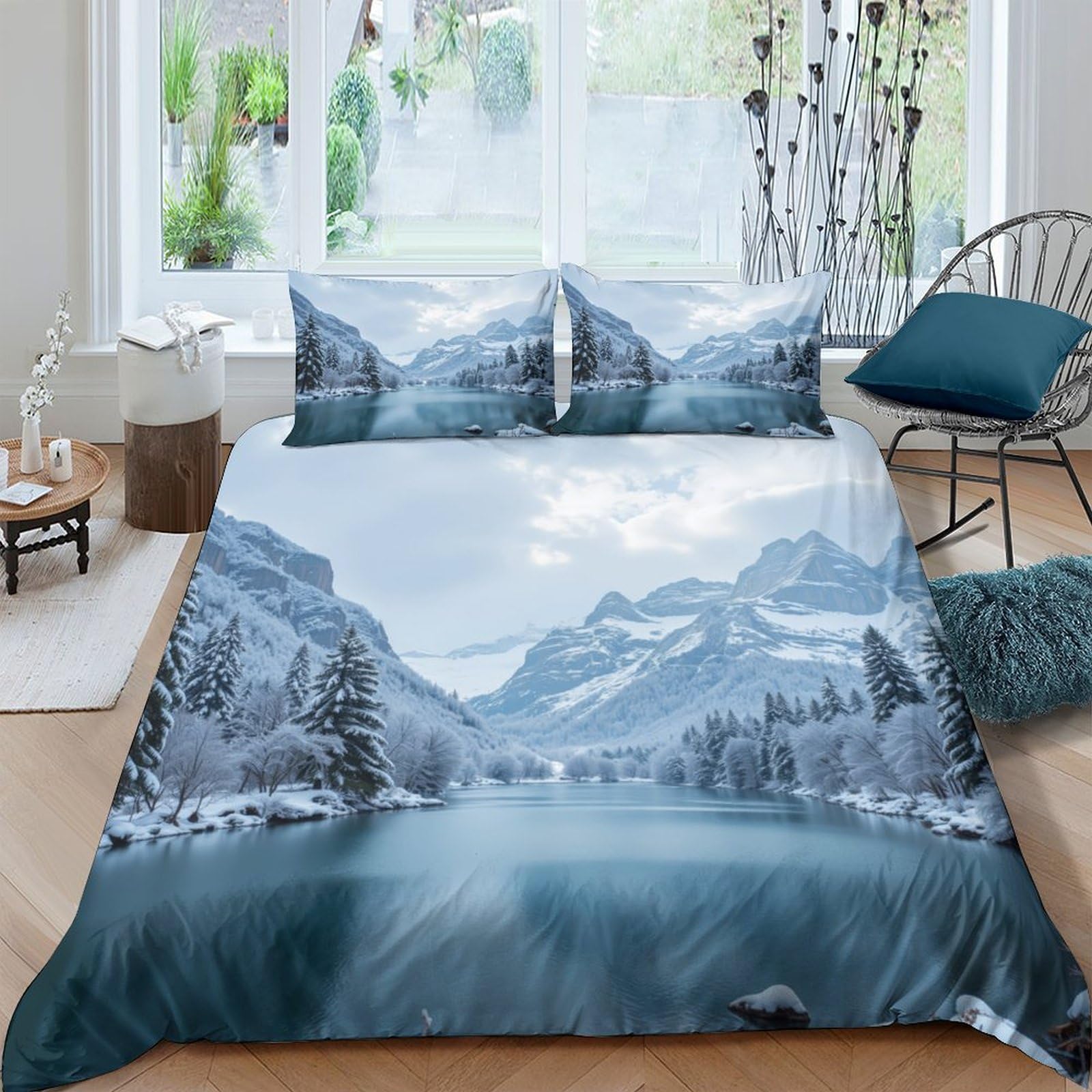 GPLZQXKJNH 3D Printed Snow Mountain Lake Duvet Cover Microfiber Breathable Forest River Bedding Set with 2 Pillowcases for Bedroom Home Single（135x200cm）