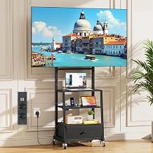 TV Stand Wheels with Sockets for TVs from 32 to 75 Inches, Floor TV Cabinet with 3 Shelves and Fabric Drawer, TV Stand Adjustable Height, VESA 600 x 400 mm, up to 50 kg, Black