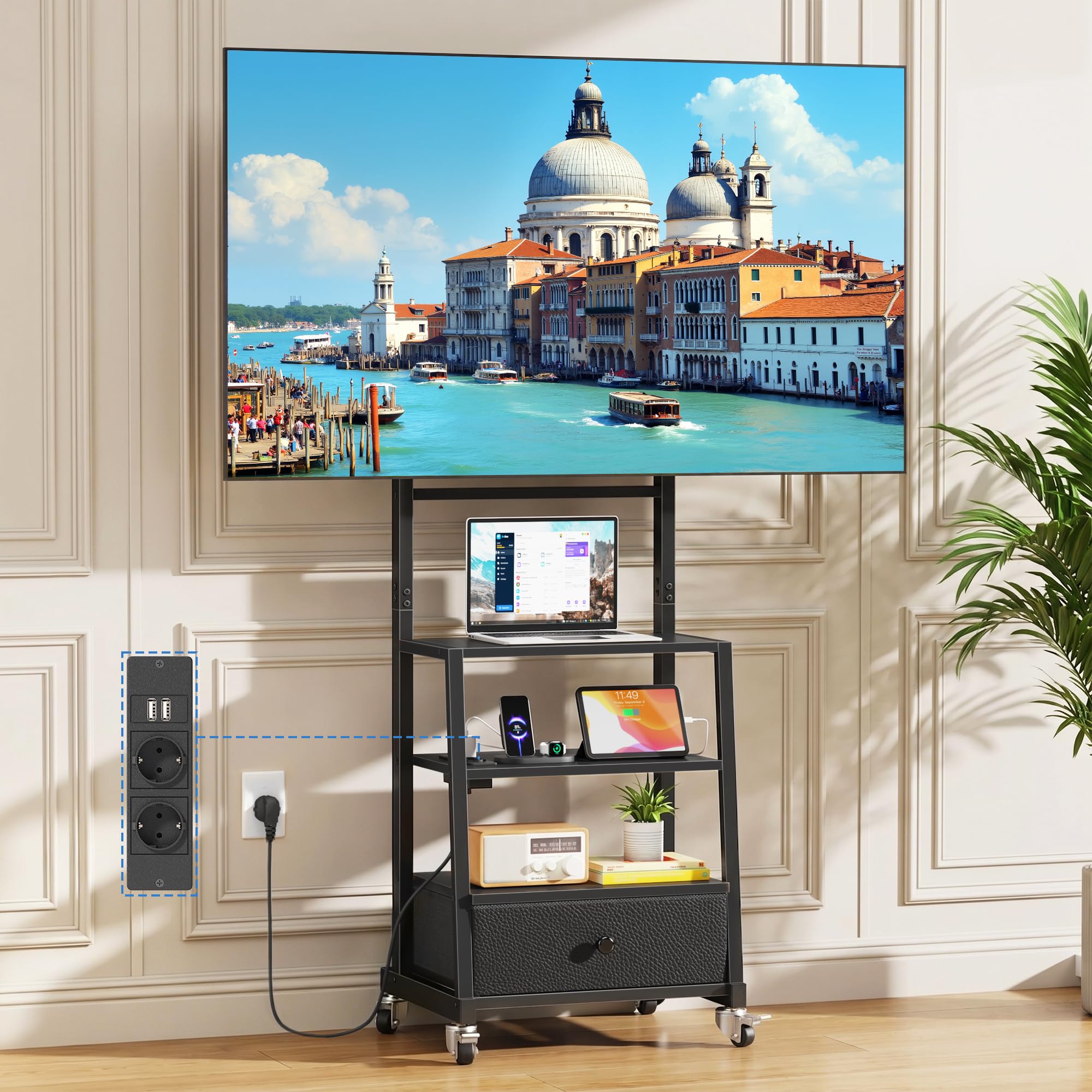 Soporte TV Ruedas con Enchufes 32-75" VESA 600x400, Negro | Enchufes y Puertos USB, 3 Estantes y Cajón de Tela, Altura Regulable, Fácil Montaje, Soporte TV Pie Carga Máx 50kg