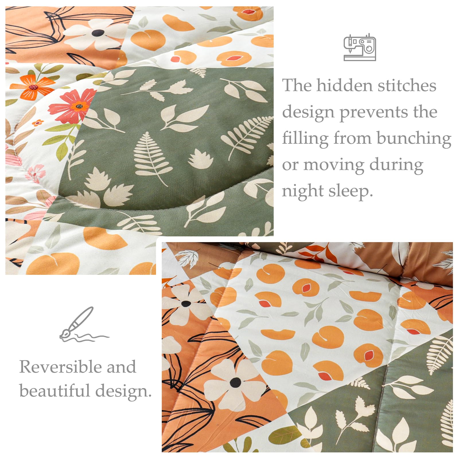 Whale Flotilla 7.5 Tog Double Size Duvet Set, Soft Reversible Coverless Duvet with 2 Pillowcases, Patchwork Printed Down Alternative Bedding Comforter Sets for All Seasons, Orange - Image 4