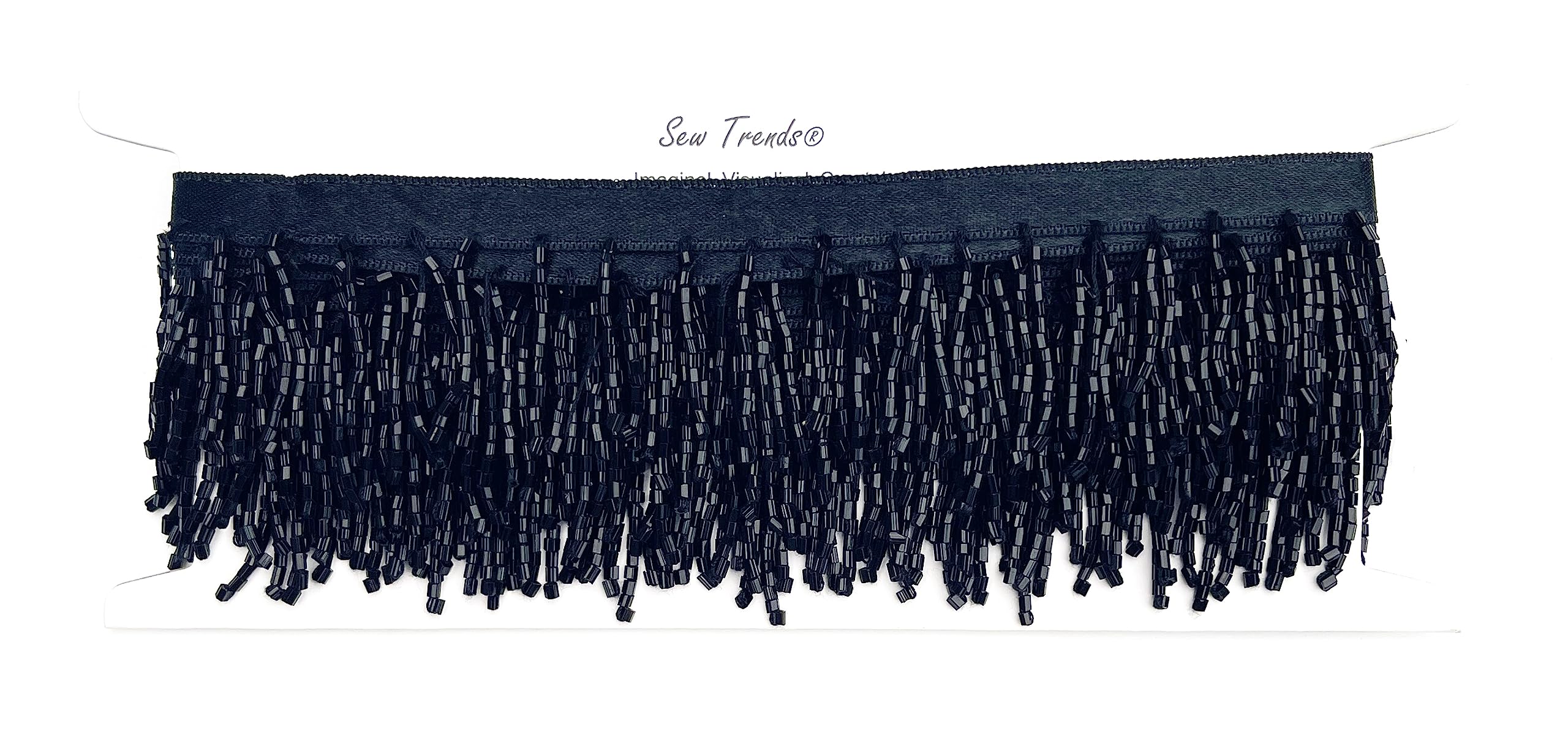 SEW TRENDS 5 Yards Hand Beaded Fringe Black Cut Glass Beads on Satin Tape Ribbon- 1.25