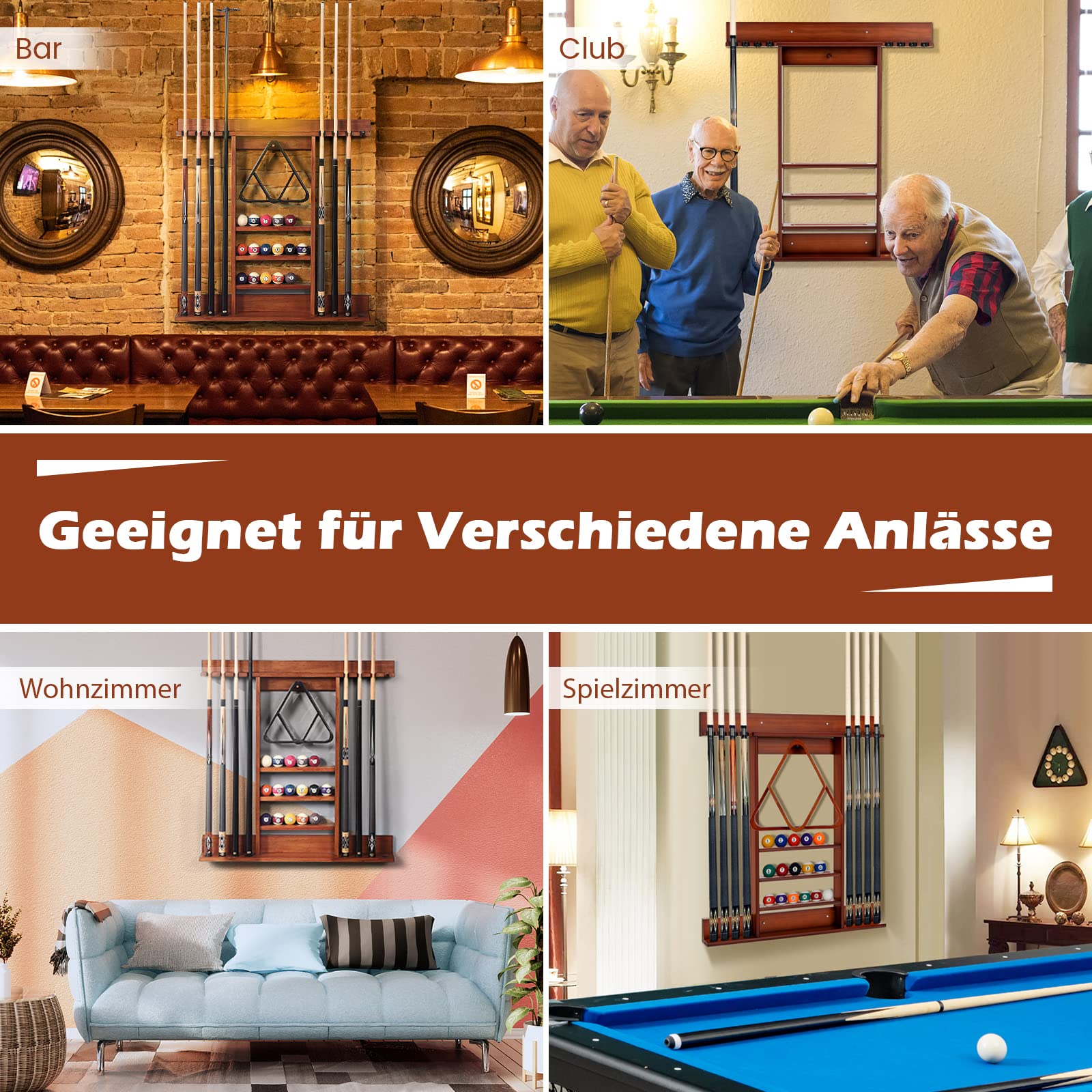 COSTWAY Billard Queue Halter Wandmontage, Wandqueuehalter für 8 Queues, 15 Billardkugeln und 1 Ballständer, aus Kiefernholz (Braun)