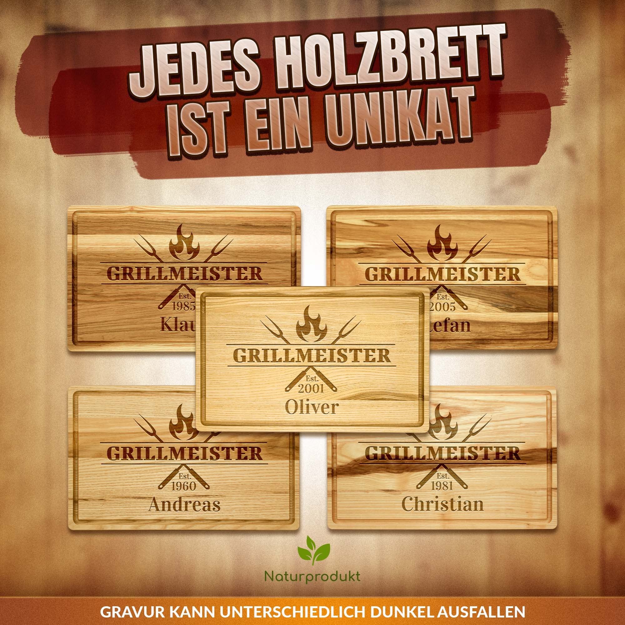 PR Print Royal Großes Holzbrett mit Gravur - Schneidebrett personalisiert mit Name und Jahr - Grillmeister est. - Geschenke für Grillfans | Eschenholz, 40 x 25 x 2 cm, personalisiertes Geschenk